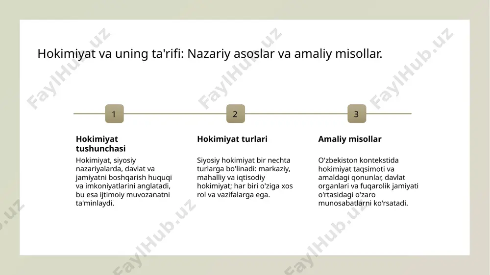 ar va amaliy misollar orqali o'rganildi. 02 o'zbekistondagi hokimiyat o'zbekiston kontekstida hokimiyat tizimi, uning tarixi, o'zgarishlari va jamiyatga ta'siri haqida muhim ma'lumotlar keltirildi. 03 fuqarolik jamiyati va hokimiyat hokimiyat va fuqarolik jamiyati o'rtasidagi munosabatlar, o'zaro ta'sir va o'zgarishlar jarayonida ijtimoiy taraqqiyotga ta'siri ko'rib chiqildi. e'tiboringiz uchun rahmat!