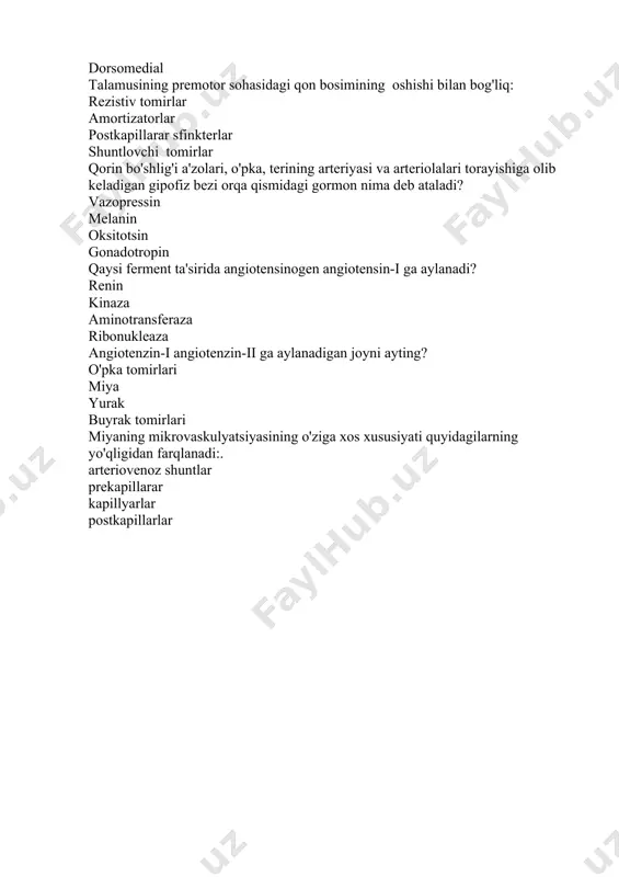 g? o'pka tomirlari miya yurak buyrak tomirlari miyaning mikrovaskulyatsiyasining o'ziga xos xususiyati quyidagilarning yo'qligidan farqlanadi:. arteriovenoz shuntlar prekapillarar kapillyarlar postkapillarlar