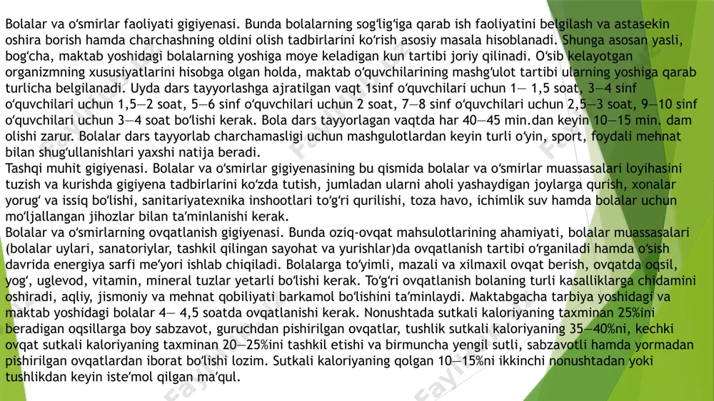 roit yaratiladi (sanatoriy maktablari va boshqalar). bunday muassasalarda oʻqish bilan birga shifobaxsh badantarbiya, fizioterapiya, maxsus parhez, sof havodan koʻproq bahramand boʻlish kabi davo usullari qoʻllaniladi. bolani yoshligidan boshlab toʻgʻri uyushtirilgan jismoniy tarbiya va chiniqtirish tizimiga oʻrgata borish katta ahamiyatga ega. hayotining birinchi oylarida massaj va jismoniy mashklar bilan birga toza havodan bahramand qilish, keyinchalik esa sochiqni hoʻllab badanni artish, choʻmilish, kattaroq yoshdagi bolalarni dushga tushirib yoki ustidan suv quyib choʻmiltirish bola organizmining kasallikka chidamini oshiradi va baquvvat qiladi. bu tadbirlar muntazam boʻlishi va vrach bilan maslahatlashib olinganidan keyingina tatbiq etilishi kerak. bolalar va oʻsmirlar muassasalarida hamma gigiyena mezonlari va tavsiyanomalariga rioya qilinishini shahar va qishloq tumanlarining sanitariyaepidemiologiya st-yalaridagi sanitariya vrachlari nazorat qilib turadi.[ e’tiboringiz uchun raxmat toshkent2021 image1.png image2.png image3.png image4.png image5.png image6.png image7.png image8.png image9.png image10.png image11.png /docprops/thumbnail.jpeg