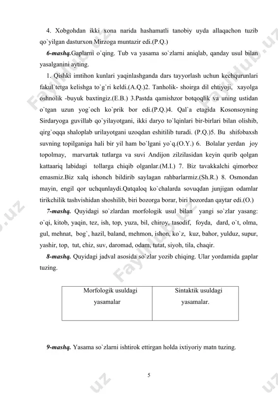 hiqarib qo`ygan savobtalab karvonboshini tanigan bo`larmidi.(m.do`st.) 3. -anvar qori boyga murojaat etdi, -xalqimiz bid`at, xurofot botqog`iga qolib borur, buning boisi nedur? ilm- urfondan mutlaqo mahrum, nodonlik- gumrohlikka muttasil g`arq bo`lmishlar. (o.) 4. yo`q, yo`q haqligimizga ishonaman, bu olijanob ishda odamlar bizni qo`llab-quvatlaydi. (sh.r.) 5. -mayli endi, azizim besh-olti yil emas, besh -oldi, kun deyapti-ku? kep qolar erta-indin. (o.y.) 6. qo`rchiboshi uch tomoni devorday tik qoyatosh bo`lgan toqqa durustroq qaradi-yu, taxtiravon ishlatish fikridan qaytdi. (p.q.) 7. uning endigi hikoyasi kenja aytgancha, bu kunning muhim mavzui-yer islohati to`g`risida edi.(a.q.) 8. bu xabarni eshitkuchi kumushbibining qora ko`zlari jiq yoshg`a to`lib, kipriklari yosh bilan belandilar. (a.qod.) sodda tub yasama qo`shma so`zlar murakkab so`zlar juft so`zlar so`z yasalishi va so`zlarning tuzilishiga oid tayanch so`z va tushunchalar: so`z yasalishi, morfologik usul, sintaktik usul, ichki yasalish, tashqi yasalish, sodda so`z, tub so`z, yasama so`z, qo`shma so`z, murakkab so`z, juft so`z. page 1