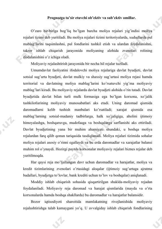 zvenolari o’rtasidagi aloqalar (ijtimoiy sug’urtaga ajratma badallari, byudjetga to’lovlar, bank krediti uchun to’lov va boshqalar) aniqlanadi. moddiy ishlab chiqarish sohasida qisqartirilgan shaklda-moliyaviy rejadan foydalaniladi. moliyaviy reja daromad va harajat qismlarida (mayda va o’rta korxonalarda hamda boshqa shakllarda) bu daromadlar va harajatlar balansidir. bozor iqtisodiyoti sharoitida mamlakatning rivojlanishida moliyaviy rejalashtirishga talab kamaygani yo’q. u avvalgiday ishlab chiqarish fondlarining kengaytirilgan doiraviy aylanishini moliyaviy resurslar bilan ta’minlashga, moliya-xo’jalik faoliyatida samaradorlikning yuqori ko’rsatkichlariga erishishga, korxonaning moliyaviy chidamkorligini va to’lovga qobiliyatini mustahkamlashga sharoit yaratib berishga qaratilgandir. hozirgi paytda avvalgi direktiv rejalashtirish tizimi davriga qaraganda moliyaviy rejalashtirish sifatini oshirish maqsadga muvofiqdir, chunki bozor munosabatlarida o’z faoliyatining samarasizligi, shu bilan birgalikda moliyaviy rejalashtirishda noto’g’ri hisob-kitoblarni yuritishda javobgarlikni korxonaning o’zi tortadi. yangi xo’jalik yuritish sharoitida o’zining katta rolini saqlab qolgan moliyaviy rejalashtirish o’z navbatida qayta qurilgan bo’lishi lozim. uning mazmuni va amaldagi shakllari xo’jalikning yangi iqtisodiy sharoitlari bo’lgan o’zgarishlari bilan bog’liq holda amalga oshiriladi. tadqiqotning (rejalashtirishning) yuqoridagi yo’nalishlari …