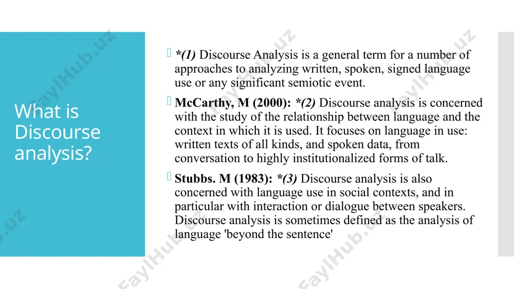 characteristics of a person/persons rather than text structure. the analysis of discourse is the analysis of language in use. language as an instrument of communication, whose expression is discourse. the analysis of the functions of language can be referred to as discourse analysis. a brief historical overview discourse analysis grew out of work in different disciplines in the 1960s and early 1970s, including linguistics, semiotics, psychology, anthropology and sociology. although the ancient greeks (among others) had much to say on discourse some scholars consider austria-born leo spitzer's stilstudien (style studies) of 1928 the earliest example of discourse analysis (da). it was translated into french by michel foucault however, the term first came into general use following the publication of a series of papers by zelig harris in 1952 reporting on work from which he developed transformational grammar in the late 1930s. zellig harris published a paper with the title 'discourse …