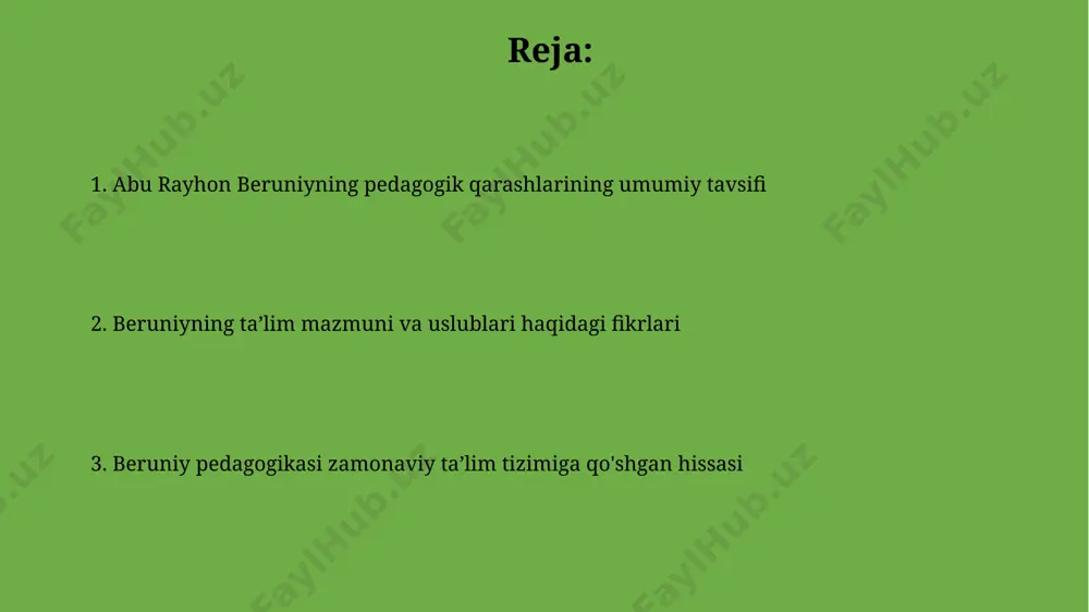 gan ko'p qirrali va chuqur bilim egallagan shaxslarni yetishtirishga xizmat qiladi. beruniyning individual yondashuv va talabaning qobiliyatlarini hisobga olish tamoyillari, differensiatsiyalashgan o'qitish va inklyuziv ta'lim tizimlariga mos keladi, 10 dan ortiq o'quv strategiyalarining samaradorligini oshiradi. beruniyning turli fanlarni o'zaro bog'lashga oid qarashlari бируний тарихий манбалардан 500 дан ортиқ ёдгорликларга таяниб, турли фанларни интеграциялашга урғу бериб, бунинг асосида янги билимларни яратиш мумкинлигини кўрсатган. унинг фикрича, табиий фанларни ўрганиш жараёнида 2-3 та алоҳида фанларни биргаликда ўрганиш самаралироқ бўлиб, бу таълим сифатини оширади. beruniyning amaliy bilim va nazariy bilimlarga bo'lgan munosabati бируний амалий билимни 3 та асосий йўналишда: қишлоқ хўжалиги, ҳунармандчилик ва тиббиётда татбиқ этишга катта эътибор берган. бируний тажрибага асосланган 5 та асосий илмий усулни таъкидлаб, уларнинг самарадорлигини тадқиқотларида намойиш этган. beruniyning jahon madaniyati va ilm-faniga qo'shgan hissasi берунийнинг "индия" асарида 500 дан ортиқ индий маданияти, фалсафаси ва илмига оид маълумотлар берилган бўлиб, бу мукаммал этнографик тадқиқот намунасидир. унинг астрономия, математика, геодезия …