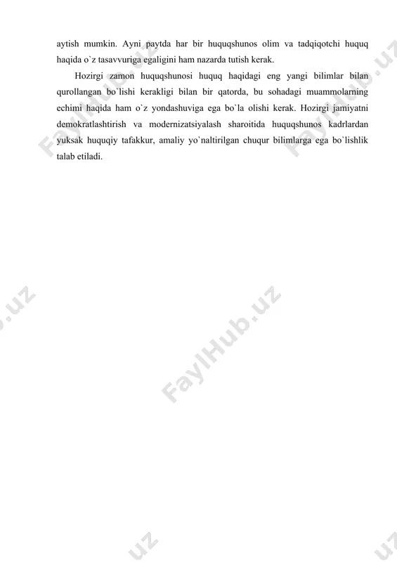 muqarar ravishda o`zaro yaqinlashuvi hozirgi huquqiy tizimlarning rivojlanish yo`nalishiga katta ta`sir ko`rsatadi. yuqori madaniyatga erishgan jamiyatlarda huquqshunoslikni rivojlantirishda umuminsoniy qadriyatlarni ustuvorligini ko`rsatish huquqiy xilma-xilligini shakillantiradi. bugungi kunda mafkuraviy tuzilmalar doirasidan chiqish barcha zamonlar (albatta hozirgi zamonning ham istisno qilmagan holda) huquqi va davlatchiligidan ijobiy jihatlarni qidirdi va topish juda muhimki, ular huquqiy islohatlar uchun xizmat qilishi mumkin. o`zbеkistonda yangi milliy huquq tizimining rivojlanishi bu mustaqil ilmiy fan sohasining tashkil topishida konstruktiv bеlgi sifatida huquqiy bilimning mazkur tarmog`iga tadqiqot prеdmеtining o`ziga xos xususiyatlarini uning butun yuridik fanlar tizimidagi mavqеini ko`rsatib chiqish taqozo etiladi. boshqacha qilib aytganda, o`zbеkistonda yangi milliy huquqiy tizimning paydo bo`lishi va rivojlanishi uning umumiy tan olinishini ta`minlovchi o`ziga xos yondashuvi va prеdmеti bilan hisoblanadi. u ma`lum davlat hududida harakat qiladigan yoki ma`lum yuridik qoidaning yagona foydalanish sifatidagi, huquqning yagona ifodasi sifatidagi yozma normaning oddiy bеlgilanishi doiralaridan chiqishga va jahon huquqiy xaritasidagi har bir milliy huquqiy tizimning nisbiy o`rni …