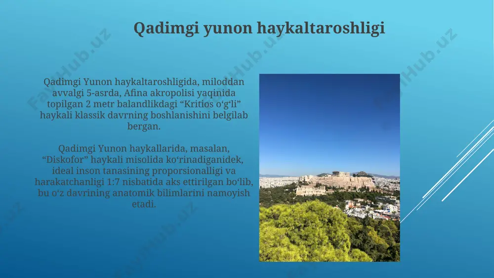rlarini yaratdi. qadimgi yunon adabiyoti, miloddan avvalgi 8-asrda gomerdan boshlanib, 7 ta asosiy tragediya yozuvchilarining (aexil, sofokl, evripid kabi) asarlari bilan davom etgan. qadimgi yunon dramaturgiyasi yunon tragediyalari, masalan, "edipus shoh" yoki "antigona" kabi asarlar, attika tekisligidagi ochiq havoda, 15000 tomoshabinga mo'ljallangan amfiteatrda sahnalashtirilgan. qadimgi yunon dramaturgiyasi 5-asr miloddan avvalgi afinada gullab-yashnagan bo'lib, 3 ta yirik teatr festivali – dionisiya bayramlari doirasida o'tkazilgan. olimpiya o'yinlari musobaqalar faqat erkaklarga, yunon fuqarolariga ochiq edi va g'oliblar dafna shoxchalaridan toj kiyib, sharaf va ulug'vorlikka erishar edi. olimpiya o'yinlari davomida 5 kun davom etgan musobaqalar elis shahrida, olimpiya zeus ma'badi yaqinida o'tkazilar edi va 100 000 dan ortiq tomoshabinni jalb qilar edi. qadimgi yunon merosi olimpiya o'yinlari, miloddan avvalgi 776-yildan boshlangan va 4 yilda bir marta olimpiya shahrida o'tkazilgan, panellenik musobaqalardan biri bo'lib, sport va diniy marosimlarni birlashtirgan. qadimgi yunon arxitekturasining ajoyib namunasi bo'lgan parfenon ma'badi, miloddan avvalgi 447-438 yillarda qurilgan va 100 dan …
