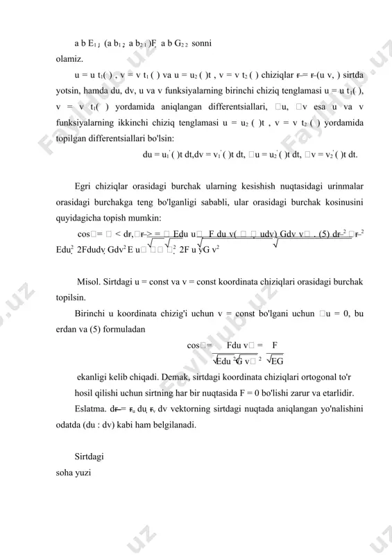 (6) d oxirgi formulani quyidagicha o'zgartirib yozishimiz mumkin: | ru  rv |= | ru  rv |2 = | ru | |2 rv |2 sin 2= ru2rv2  ru2rv2 cos2= ru2rv2  (ru ,rv )2 = eg  f 2 chunki e = (ru ,ru ), f = (ru ,rv ), g = (rv ,rv ). endi soha yuzi uchun formulani ushbu =  eg  f dudv2 (7) d ko'rinishda yozish mumkin. endi sirt uzluksiz funksiya z = f x y( , ), (x y, )d grafigi bo'lgan hususiy holni qaraymiz. bu holda u = x, v = y, r (u v, ) = (x y, , f (x y, )) bo'lgani uchun ru = rx = (1,0, fx ), rv = ry = (1,0, f y ) va e = rx2 = 1 f x2 , g = ry2 = 1 f y2 , f = (rx …