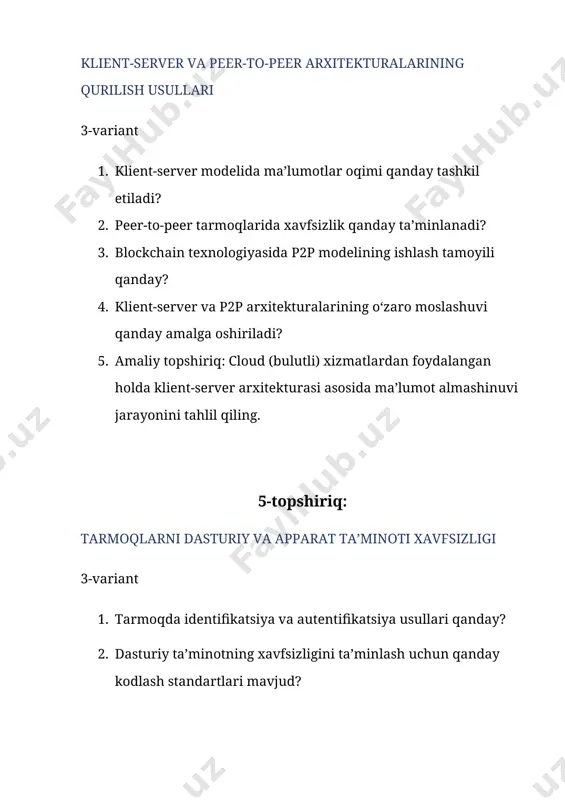 yuter tarmoqlarida foydalaniladigan asosiy xavfsizlik protokollari asosiy xavfsizlik protokollari: 1. https (hypertext transfer protocol secure) — web saytlardagi ma’lumotlarni shifrlab uzatadi. 2. ssl/tls (secure sockets layer / transport layer security) — internet orqali xavfsiz aloqa uchun. 3. ipsec (internet protocol security) — ip darajasida ma’lumotlarni shifrlaydi. 4. ssh (secure shell) — masofaviy qurilmalar bilan xavfsiz aloqa. 5. wpa2/wpa3 (wi-fi protected access) — wi-fi tarmoqlari xavfsizligini ta'minlaydi. misollar: · banking saytlari — https orqali ishlaydi · serverga masofadan ulanish — ssh orqali amalga oshiriladi · vpn tarmoqlari — ipsec yoki tls asosida ishlashi mumkin 5. amaliy topshiriq: tracert/traceroute buyrug‘i bilan tarmoq yo‘nalishini tahlil qilish windowsda: tracert google.com linuxda: traceroute google.com natija: · sizga google.com saytiga borish yo‘lidagi barcha yo‘nalishlar (routerlar) ko‘rsatiladi. · har bir qadamda paket qancha vaqtda yetganligi (ms da) ko‘rsatiladi. · bu tarmoqda qayerda kechikish borligini aniqlashga yordam beradi. 2-topshiriq: 1. wan (wide area network) tarmoqlarida qo‘llaniladigan marshrutlash protokollari …