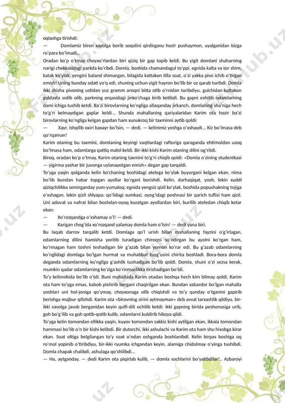 ibdi; ertasiga choyxona oldidan chamandagul to‘ppi kiyib o‘tdi. mahalla aktivlari kengashib, mahalla nomidan yaxshiroq bir to‘yona qiladigan bo‘lishdi. ularning fikricha, bu narsa kuyovga ham, kelinga ham butun aholining hurmat va muhabbatini izhor qilishi kerak edi. shu orada domla qayoqqadir ketib bir haftadan keyin paydo bo‘ldi. uning avtobusdan tushib kelayotganini ko‘rgan choyxonadagi odamlar hang-mang bo‘lib qolishdi; chol o‘lgur soqolini, shunday chiroyli soqolini, tag-tugi bilan qirdirib tashlabdi! achinmagan, xafa bo‘lmagan odam qolmadi. u biron yoqqa borib qaytganida choyxonaga kirmasdan, katta-kichik bilan ko‘rishib hol-ahvol so‘ramasdan o‘tmas edi, hozir choyxonaga yaqinlashganida ko‘chaning narigi yuziga o‘tib oldi-yu, yerga qarab, jadallaganicha o‘tdi-ketdi. uning o‘zigagina emas, butun mahallaga fayz kirgizib turgan soqolini oldirgani, buning ustiga yana choyxonani chetlab o‘tgani ba’zilarni tashvishga solib qo‘ydi: — domlamizga nima bo‘ldi ekan? domlamiz nega bunaqa bo‘lib qoldi ekan?.. domlaga hech bir g‘ubor qo‘nishini istamagan boshqalar bu ikki gunohni bir-biriga yegizib, uni oqlashga tirishdi: — domlamiz biron xayolga borib soqolini qirdirganu hozir …