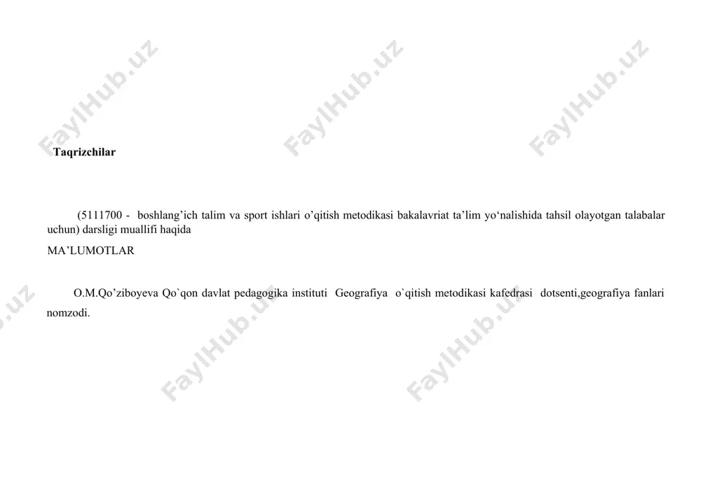 hakillanishi va rivojlanishi existing and developing stages of naturalistic and its teaching methodics’ theory 6.2 boshlang’ich sinf o’quvchilarida tabiatshunoslik tasavvur va tushunchalarni shaklllantirishning metodik asoslari 6.4 geogfiya maydonchasi, o’quv-tajriba uchastkasi va tirik tabiat burchagini jihozlash va ularda mashg’ulotlarni tashkil etish 6.5 boshlang’ich maktablarda tabiatshunoslik fanining mazmuni, o’quv dasturini rejalashtirish tamoyillari 6.6 oz komponektlangan maktablarda tabiatshunoslikni o’qitishning xususiyatlari testlar glossariy ilovalar foydanilgan adabiyotlar ro`yxati kirish tabiatshunoslikning o ‘qitish metodikasini yaxshi bilish boshlang‘ich maktab o'qituvchisiga bolalami o‘qitishni to‘g‘ri tashkil qilish im konini beradi. m etodika o ‘q ituv chin i tabiatshunoslikni o'qitish nazariyasi bilan qurollantirib, o'qitish mahoratini egallab olishiga imkon yaratadi. 0 ‘quv materiallarining mazmunini ochib berishda xilmaxil o ‘qitish metodlaridan foydalanishga turlicha yondashish mumkin. u yoki bu metodni tanlashda o'qituvchi shuni nazarda tutishi kerakki, bu tanlash metodlar rivojlantiruvchi ta‘limning vazifalarini ta'minlasin, o'quvchilarning bilish faoliyatini faollashtirsin va bir paytning o ‘zida qayta axborot bersin, ya’ni muvaffaqiyatsizlik sababini aniqlash va o ‘z vaqtida …