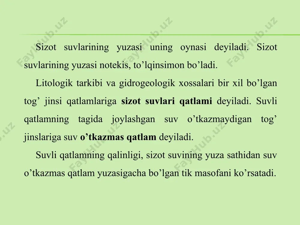 0 m oraliq chuqurlikli maydonchalarning chegaralarini o’tkazamiz. so’ngra ajratilgan maydonchalar turli xil ranglar bilan bo’yaladi. xarita tuzilganidan so’ng undagi shartli belgilar uning o’ng tomoniga joylashtiriladi, nomi va masshtabi xaritaning yuqorisiga yoziladi. masshtab 1:2000 shartli belgilar 0-1m 1-3 m 3-5 m 5-7 m 10 < - gorizontal - gidroizogips - botqoqlanish - daryo - tok chiziqlari xaritadan foydalanib quyidagi masalalar yoritiladi: 1. xududning relef sharoiti, eng yuqori va past balandliklar (relefi, umumiy tavsif, notekisligi, yo’nalishi va nishabi). 2. sizot suvlari yuzasi relefiga umumiy tavsif, joylashish chuqurligi va nishabi, alohida xususiyatlari. 3. yer usti va yer osti suvlarining o’zaro bog’liqligi. 4. sizot suvlarining oziqlanish va sarflanish maydonlarining yo’nalishi. 5. sizot suvlari sathi 2,0 m ko’tarilganda qaysi maydonlarda botqoqlanish hodisasi ro’y berishi mumkin va necha gektar erda meliorativ tadbirlar o’tkazilishi lozim? vazifa to’liq bajarilgandan so’ng talaba quyidagi nazorat savollariga yozma ravishda javob beradi: 1.gidroizogips xaritasi qanday maqsadlarda tuziladi? 2.gidroizogips xaritasi qanday tartibda tuziladi? …
