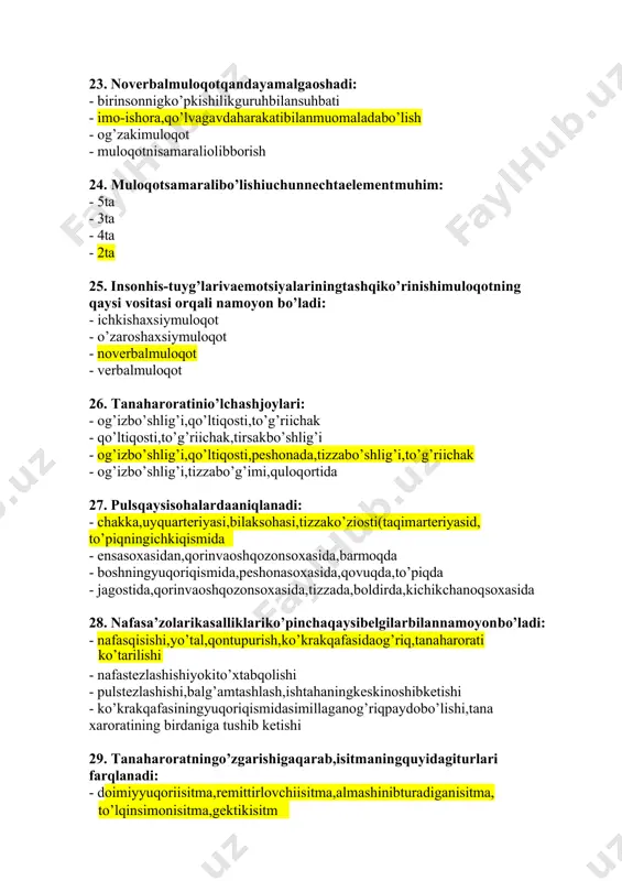 ,ko’krakqafasidaog’riq,tanaharorati ( ko’tarilishi ) · nafastezlashishiyokito’xtabqolishi · pulstezlashishi,balg’amtashlash,ishtahaningkeskinoshibketishi · ko’krakqafasiningyuqoriqismidasimillaganog’riqpaydobo’lishi,tana xaroratining birdaniga tushib ketishi 29. tanaharoratningo’zgarishigaqarab,isitmaningquyidagiturlari farqlanadi: · doimiyyuqoriisitma,remittirlovchiisitma,almashinibturadiganisitma, ( to’lqinsimonisitma,gektik isitm ) · qisqamuddatliisitma,o’tkirisitma,o’rtachaisitm · surunkaliisitma,doimiyisitma,normal isitm · aralashisitma,doimiyremittilovchiisitma,almashinibturadiganisitma, to’lqinsimon isitm 30. ota-onao’smirgaqandaymavzularhaqidatarbiyaviysuhbato’tkazishi lozim: · javobgarlikxissi,jinsiyxulq-atvortarbiyasi,o’smirlikdavrimuammolari, ( organizmdagitabiiyo’zgarishlar,shaxsiygigiyena qoidalari ) · o’z-o’zinimoddiyta’minlashxissi,jinsiyaloqa,o’smirlikdavridagikasalliklar haqida · organizmdagisalbiyo’zgarishlar,shaxsiymulkkaegalikxissi · kelajakdagiorzuvaniyatlarnirejalashtirishhaqida,chekishvaalkogolizmning organizmga ta’siri haqida 31. hamshiralikjarayoni-bu: · bemornidavolash · hamshiralikparvarishigasistematikyondashuvi · bemorniovqatlantirish · bemorgarahbarlikqilish 32. jsstningsog’lomoilanishakllantirishasosiytamoyillariniko’rsating: · kambolatug’ish,umumanfarzandsizlik,ekstragenital kasalliklarbilan kechadigan kasalliklar · judaertafarzandko’rish,judakechfarzandko’rish,farzandlarorasidagidavr, ko’p bola tug’ish, homiladorlikni kasallik bilan kechishi · o’zigayoqmaydiganjinslihomiladanvozkechish,ko’pbolatashlash,rezus nomutanosiblik · tez-tezfarzandko’rish,judakechfarzandko’rish,yaqinqarindoshlaro’rtasidaginikoh,farzandlarorasidagi davrning kamligi,ko’pbola tug’ish,homiladorlikning yuqumli kasallik bilan kechishi 33. xalqarohamshiralarkuniqachonnishonlanadi: · 7may · 3may · 12may · 12aprel 34. oilaviypoliklinikaqandaybo’g’in: · uchlamchibo’g’in · birlamchibo’g’in · oraliqbo’g’in · ikkilamchibo’g’in 35. yotoqyarahosilbo’lmaydigansohalarinianiql