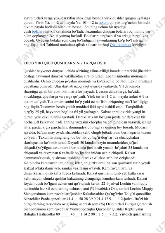 ri momiqli va ko’zi ochiq bo’ladi. lekin mustaqil ovqatlana olmaydi. ular dastlab uzoq vaqt uyasida yashaydi. yil davomida sharoitga qarab bir yoki ikki marta ko’payadi. uyasini daraxtlarga, ba’zida kovaklarga, qoyalarga va yerga qo’yadi. yirik turlari 1-2 ta, mayda turlari 6-9 ta tuxum qo’yadi.tuxumlari sonini ko’p yoki oz bo’lishi oziqaning mo’l-ko’lligiga bog’liqdir.tuxumini bosib yotish muddati ikki oyni tashkil etadi. tutqinlikda qirg’iy 25 yil, hayvonot bog’ida 65 yil yashagan. kalxat aprel oxirida yangi in quradi yoki eski inlarini tuzatadi. daraxtlar kam bo’lgan joyda bir daraxtga bir necha juft kalxat qo’nadi. inning yuzasini cho’plar va chilpindidan yasaydi, ichiga latta, paxta, kigiz parchalari, shuningdek ot o’ngi va qumoq loy bosadi. modasi aprelda, ba’zan may oyida sharoitdan kelib chiqib bittada yoki beshtagacha tuxum qo’yadi.. tuxumlarining rangi oq bo’lib, qo’ng’ir dog’lari va chiziqchalari skorlupasida ko’rinib turadi.deyarli 30 kundan keyin tuxumlaridan jo’jasi chiqadi.qo’yilgan tuxumlarni har ikkala jins bosib yotadi. jo’jalari 25 kunda pat chiqaradi va taxminan 6 …