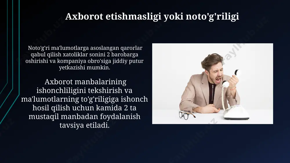 hlil qilish muammolarni tahlil qilishda pareto printsipi (80/20 qoidasi) muhim ahamiyatga ega bo'lib, asosiy 20% sabablar 80% oqibatlarga olib kelishini aniqlashga yordam beradi, shunday qilib, e'tiborni muhim jihatlarga qaratish mumkin. swot tahlili orqali muammoni kuchaytirish omillari (zaif tomonlar va tahdidlar) va yengish imkoniyatlarini (kuchli tomonlar va imkoniyatlar) aniqlash orqali 4 ta asosiy parametr bo'yicha strategik yechimlarni ishlab chiqish mumkin. jamoa ichidagi nizolar "ichki raqobat" kabi salbiy hodisalarning kuchayishi jamoa ichidagi nizolar sonini 2-3 baravar oshirishi va loyihalarning muddatidan kechikishiga olib kelishi mumkin. jamoa ichidagi nizolar ko'pincha 30% samaradorlikning pasayishiga va 20% xodimlar aylanmasining oshishiga olib keladi, bu esa kompaniyaning moliyaviy ko'rsatkichlariga salbiy ta'sir ko'rsatadi. xavfsizlik va maxfiylikka tahdidlar korporativ ma'lumotlar bazasiga 2023-yilda 30% ga oshgan kiberhujumlar soni ma'lumotlarning maxfiyligi va xavfsizligiga jiddiy tahdid soladi, bu esa moliyaviy yo'qotishlarga va obro'ning pasayishiga olib kelishi mumkin. ichki xavfsizlik siyosatlarining 50% dan kamroq qismi samarali amalga oshiriladi, bu esa xodimlar tomonidan tasodifiy yoki …