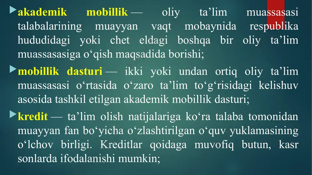 shaxsiy ta’lim trayektoriyasida belgilangan tanlov fanlari doirasida fanlarni mustaqil tanlashi mumkin. o‘quv yili davomiyligi 36 haftagacha bo‘lib, shundan 30 haftasi akademik davrga, 2 haftasi fanlarni tanlash uchun ro‘yxatdan o‘tishga, 4 haftasi attestatsiyalarga ajratiladi. o‘quv yuklamasi bakalavriatda — 40-50% auditoriya soati, 50-60% mustaqil ish soatiga, magistraturada — 30%-40% auditoriya soati, 60-70% mustaqil ish soatiga (malakaviy amaliyot va bitiruv malakaviy ishlari bundan mustasno) bo‘linadi. talaba bakalavriatda o‘qish muddati kamida 3 yil bo‘lganda 180 kredit, o‘qish muddati kamida 4 yil bo‘lganda 240 kredit to‘plashi zarur. magistraturada o‘qish muddati kamida 1 yil bo‘lganda 60 kredit, o‘qish muddati kamida 2 yil bo‘lganda 120 kredit to‘plashi talab etiladi. ta’lim sifatini oshirish va professor-o‘qituvchilar o‘rtasida raqobatni shakllantirish maqsadida oliy ta’lim muassasasi kengashi qaroriga asosan talabalarga fan doirasida professor-o‘qituvchilarni tanlash imkoniyati beriladi. bunda talabalar ta’limni boshqarish axborot tizimi portali orqali o‘quv semestri boshida 1 hafta muddat davomida o‘zi tanlagan professor-o‘qituvchining mashg‘ulotida qatnashish uchun onlayn tarzda ro‘yxatdan o‘tadi. image6.png …