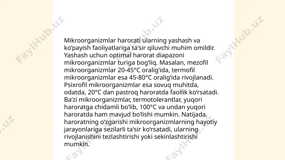 zmlar oziq moddalarni parchalash va qayta ishlashda muhim rol o'ynaydi. ular tuproqdagi organik moddalarni singdirib, azot, fosfor va boshqa muhim elementlarni o'simliklar uchun mo'ljallangan shaklda chiqaradi. masalan, ba'zi bakteriyalar azotni fiksatsiya qilib, uni ammoniy shaklida tuproqqa qo'shadi, bu esa o'simliklarning o'sishi uchun zarurdir. mikroorganizmlar, xususan bakteriyalar va zamburug'lar, kompostlash jarayonida organik chiqindilarni parchalaydi va hosildor tuproq hosil qilishga yordam beradi. chirish jarayonini tezlashtirish uchun millionlab mikrob organizmlar birgalikda harakat qiladi, bu esa tuproq unumdorligini va oziq moddalarga boyligini oshiradi. ... t.me/slaydai_bot mikroorganizmlar radiatsiyaga nisbatan turlicha sezgirlikka ega. ba'zi bakteriyalar, masalan, deinococcus radiodurans, yuqori darajadagi ionlovchi radiatsiyaga chidamli bo‘lib, 5,000 greydan ortiq radiatsiyani bardosh bera oladi. cho‘kindi ostidagi mikroorganizmlar ham yer usti radiatsiyasidan himoyalangan. radiatsiya otmasferada mutatsiyani oshirishi mumkin, bu esa mikroorganizmlarning tez moslashuviga olib keladi. eng oddiy mikroorganizmlar 0,5 greyning o‘zida nobud bo‘lishi mumkin, biroq ekstremofil turlari kuchli radiatsiyaga moslashgan. ionlovchi radiatsiya dnk tuzilmasini shikastlashi mumkin, lekin ba'zi mikroorganizmlar bu …
