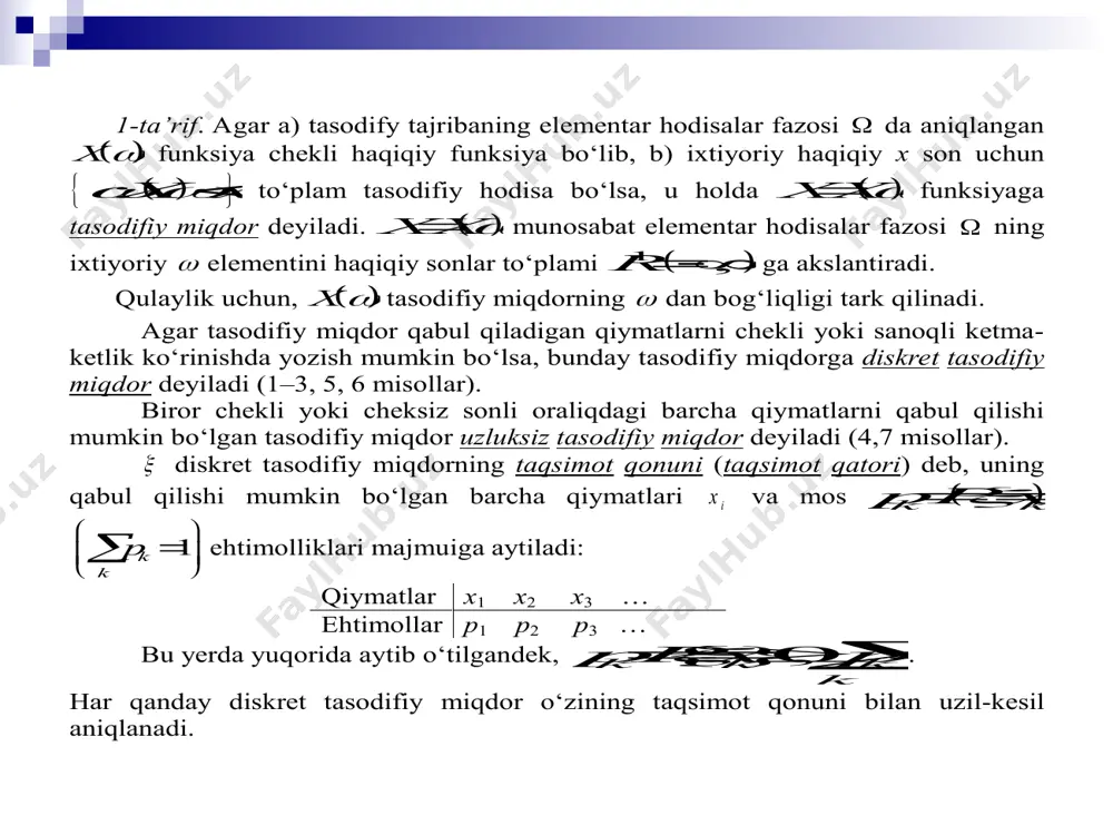 ossasi ). keltirilgan munosabatlardan quyidagi : ,(0)()pxypxyfyfx tenglik ham kelib chiqadi. quyidagi teorema beril gan taqsimot funksiyaga mos tasodifiy miqdor mavjudligini ko‘rsatadi. biz uni isbotsiz keltiramiz. тeorema. agar fx funksiya f1, f2 va f3 хossalarga ega bo‘lsa, u holda shunday ,,pf ehtimollik fazosi va unda aniq langan  tasodifiy miqdor mavjud bo‘lib, )()( xfxf  bo‘ladi. endi ko‘p uchraydigan taqsimotlarning taqsimot funksiyalariga misollar keltiramiz. 3-misol.  tasodifiy miqdor “birlik” (xos) taqsimot ga ega deyiladi, agar biror a haqiqiy son uchun 1pa bo‘lsa. bu taqsimot uchun taqsimot funksiyasi quyidagicha bo‘ladi: 0,,()1,.agarxafxagarxa 4-misol. agar  tasodifiy miqdor 0,1,2,...,n qiymatlarni 1,01,0nkkknpkcpppkn ehtimolliklar bilan qabul qilsa, bu tasodifiy miqdor binomial qonun bo‘yicha taqsimlangan deyiladi. uning taqsimot funksiyasi 0,agar0,1,agar0,1,agarnkkknkxxfxcppxnxn bo‘ladi. 5-misol. agar  tasodifiy miqdor 0,1,2,... qiymatlarni ,0,0,1,2,...!kpkekk ehtimolliklar bilan qabul qilsa , uni puasson qonuni bo‘yicha taqsimlangan tasodifiy miqdor deyiladi.uning taqsimot funksiyasi quyidagicha aniqlanadi: 0,agar0,(),agar0.!kkxxfxexk 6-misol. agar  tasodifiy miqdor 1,2,... qiymatlarni 11,0,1,1,2,...kpkpppk ehtimolligiklar …