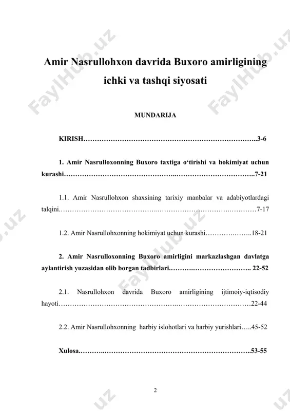 r” . darhaqiqat, bugungi kunga kelib, o‘zbek milliy davlatchiligi tarixini ilmiy-nazariy va amaliy jihatdan tadqiq etish dolzarb vazifalardan biriga aylanmoqda. respublikamiz prezidenti i.a.karimov ta’bi​ri bilan aytganda: “o‘zlikni anglash tarixni bilishdan boshlanadi. isbottalab bo‘lmagan ushbu haqiqat davlat siyosati darajasiga ko‘ta​rilishi zarur” . o‘zbekiston davlatchiligi boy tarixga ega bo‘lib, uning uzoq davrlar davomida tarkib topgan nazariy tajribalarini za​monaviy, demokratik qadriyatlar bilan uyg‘unlashtirish va jamiyatimiz turmushida ulardan yanada kengroq va samaraliroq foy​dalanish hozirgi kunda dolzarb vazifalardan biridir. shu bois, xalqimizning boy ilmiy-ma’naviy merosini, xususan milliy dav​latchiligimiz tarixida o‘ziga xos davr hisoblangan amir nasrullohxonning buxoro amirligi ichki va tashqi siyosatida tutgan o’rnini o’rganishni milliy istiqlol mafkurasi talablari​dan kelib chiqqan holda o‘rganishga, hozirgi kunda o‘zbekiston tarixi fani oldida turgan eng muhim masalalaridan biri sifatida qaralmoqda. shu bois, buxoro amirligi tashkil topi​shi davridagi ijtimoiy – siyosiy shart-sharoitlar, buxoro amirligi​ning shakllanish va rivojlanish bosqichlari, buxoro amirligi mar​kaziy va mahalliy boshqaruv amirlikda amalga oshirilgan tashqi siyosiy va diplomatik …