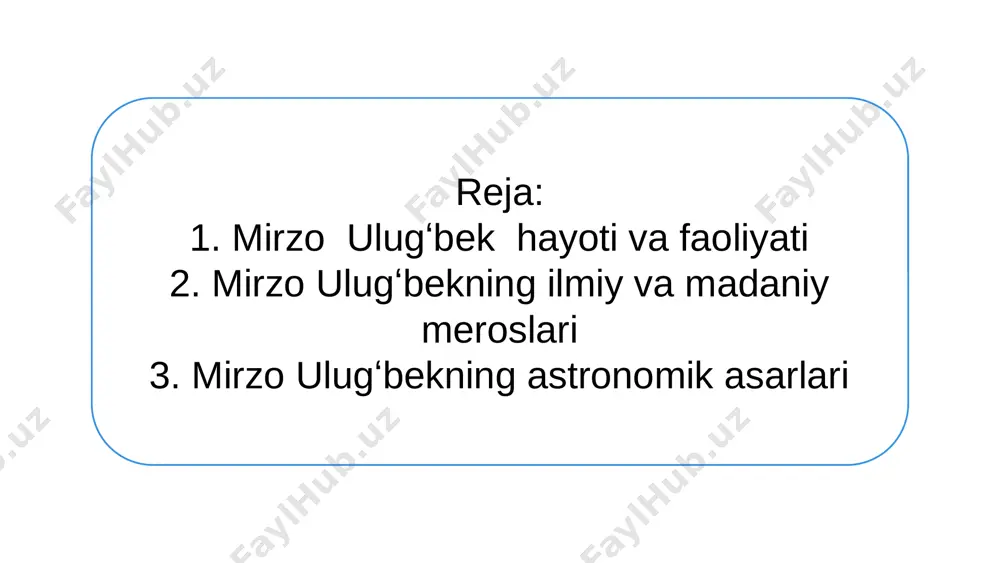 bilan jihozlangan bo'lib, astronomiya sohasida katta yutuqlarga erishishga imkon berdi. samarqanddagi ulug‘bek madrasasi 1 ilmiy muhit madrasa ilmiy muhitni shakllantirishga xizmat qilgan. u erda matematika, astronomiya, tibbiyot, falsafa va boshqa fanlar o‘qitishga bag‘ishlangan. 2 o‘quvchilar madrasaga samarqanddan va boshqa shaharlardan kelgan o‘quvchilar o‘qishga kelib, ilmiy bilimlarni o‘zlashtirib, ilmiy faoliyat bilan shug‘ullanishgan. 3 kitobxona madrasaning ulkan kutubxonasi o‘z davri uchun noyob ilmiy va adabiy asarlarga boy edi. kitobxona ilm-fan taraqqiyoti uchun muhim ahamiyatga ega bo‘lgan. 4 astronomik asarlar: ulug'bekning eng mashhur asari "zij-i ulug'bek" deb ataladi. bu asarda u yulduzlarning joylashuvi, ularning harakatlari va boshqa astronomik hodisalarni batafsil tasvirlab berdi. asar, o'z davrida eng aniq astronomik jadval sifatida tanilgan. “ziji-i ulug‘bek” kitobi astronomik jadvallar kitobda quyosh, oy va yulduzlarning koordinatalari keltirilgan. ushbu ma’lumotlar astronomlar uchun o‘z davrida muhim ahamiyatga ega bo‘lgan. matematik hisoblar kitobda astronomik hisoblarni amalga oshirish uchun zarur bo‘lgan matematik formulalar va jadvallar berilgan. ilmiy yutuqlar kitob o‘z davrining …