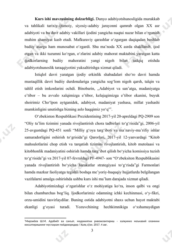 bo‘lib turadi.ma’lumki, hozirgi davrdagi tub islohotlar har bir kishidan bilim, salohiyat, samarali mehnat, madaniyatlilik, yuqori malaka, yuksak onglilik, ijodkorlik, jamiyat oldida mas’uliyatni his etishni talab etadi.insonparvarlik, demokratik, mustaqil davlat quruvchi har bir inson ana shu xislatlarga ega bo‘lishi zarur. pedagogika ilmi va amaliyotdan ma’lumki, nazariyadan yo‘naltirilgan ta’limga qarab borish o‘quvchining ijtimoiy hayotda o‘z bilimi va qobiliyatini namoyish etish imkoniyatini yaratadi.komil insonni tarbiyalsh maqsadi ta’lim jarayoniga ijodkorlik bilan kompleks yondashishni taqozo etib , zamonaviy darslarni tashkil qilishga zamin yaratadi. binobarin, faqat ijodkorlik va mustaqil faoliyat muhitida tashkil etilgan ta’lim natijasidagina o‘quvchida o‘zligini shaxs sifatida namoyish eta olish ko‘nikmalari shakllanib boradi. badiiy asar adabiyot va san’atning voqe bo‘lishi va yashash sharti bo‘lib, u obrazlar hamda badiiy informatsiyatashuvchi vositalar tizimining ma’lum bir maqsadi asosida biriktirilgan murakkab konstruktsiyasidir. aniqroq aytganda, “...badiiy asar hayotga munosabat bildirish shaklidir”[footnoteref:2]. shuning uchun badiiy adabiyotga, xususan, nasrga alohida e’tibor qaratilgan. o`zbek va jahon adabiyotida nasriy asarlarda ayollar obrazi talqini …