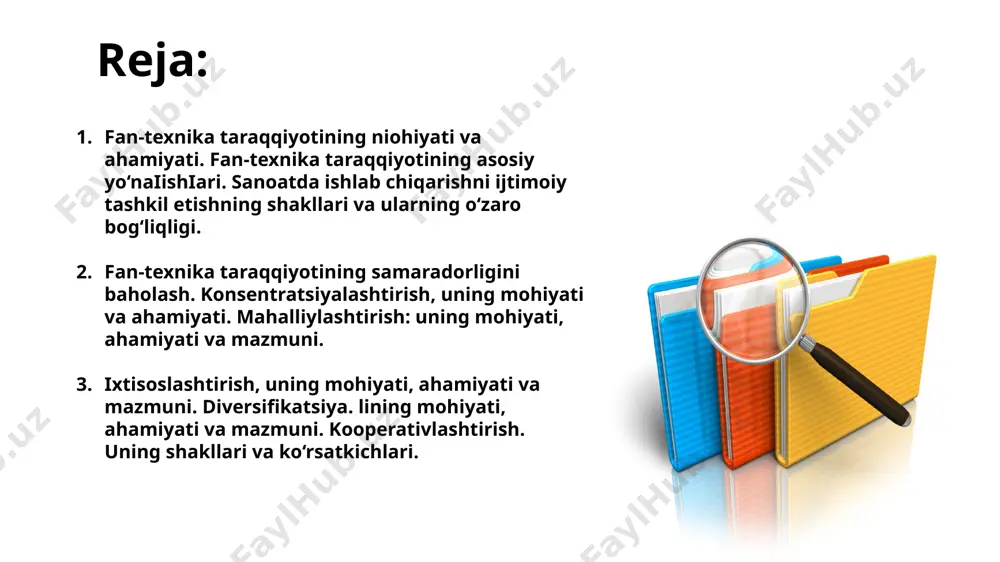 va materiallami, yoqilg‘i, elektr energiyasi va h.k.lami tejash); ishlab chiqarish jarayonlarini osonlashtirish, mehnatni engillashtirish; mehnatning mazmuni va xarakterini o‘zgartirish; ishlab chiqarishning ijtimoiy va iqtisodiy samaradorligini yanada yuqori darajaga ko‘tarish fan-texnika taraqqiyotining niohiyati va ahamiyati bozor iqtisodiyotiga o‘tish sharoitida fan-texnika taraqqiyotining uchta asosiy yo‘nalishidan foydalanish mumkin: a) an’anaviy yo‘nalish; (an’anaviy yo^nalishga elektrlashtirish, mexanizatsiyalash, qisman avtomatlashtirish, kimyolash kiradi) b) zamonaviy yo‘nalish; (zamonaviy yo‘nalishga elektronizatsiyalash, kompleks mexanizatsiyalash, kompleks avtomatlashtirish (robotlashtirish, kompyuterlashtirish), atom energetikasini jadal rivojlantirish, yangi materiallarni ishlab chiqarish va ularga ishlov berish, hozirgi davr talabiga javob beradigan texnologiyalami qoilash) v) istiqbolli, ustuvorlik yo‘nalishlar. (elektronizatsiyalash, biotexnologiyani keng joriy etish, iqtisodiy informatikani ko‘paytirib, rivojlantirib, ishlab chiqarishni to‘la axborotlashtirish, fundamental fanlar bo‘yicha izlanishlarni kuchaytirish; - yangi, ilg‘or (progressiv) texnologiyalarni joriy etish; texnika va texnologiya, elektr energiyasi va yoqilg‘ilaming, xom ashyo va materiallaming eng yangi turlarini yaratish; - mavjud mashina va mexanizmlami, asbob-uskuna hamda jihozlami modemizatsiyalash.) fan-texnika taraqqiyotining niohiyati va ahamiyati fan-texnika taraqqiyotining asosiy yo‘naiishiari bozor …