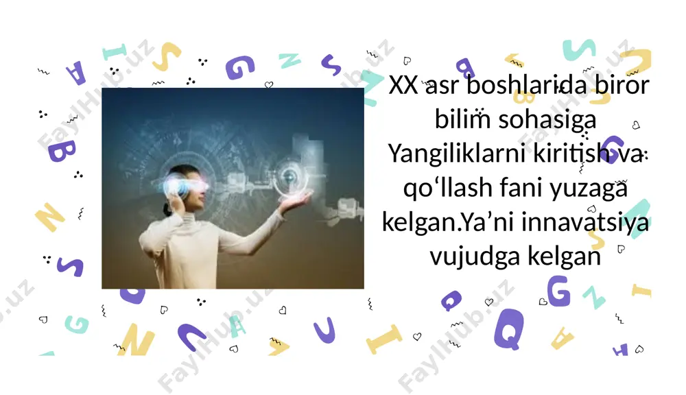 dagogik tajriba-xususiy va qat’iy ma’noda, eng avvalo, o‘zida ijodiy izlanish, yangilik, va originallik, ya’ni o‘ziga xoslik, boshqacha aytganda, novatorlik xususiyatlarini mujassamlashtirgan amaliyot. 3d cube diagrams innovatsion jarayon eskirib qolgan qoida va vaziyatlarni qayta ko'rib chiqish va sifatli holatga o'tish bilan bog’liq bo'ladi. har qanday eski metod,ko’rgazmali qurol, didaktik vositalardan o’qituvchi zamon talabiga javob beradigan tarzda o’zgarisglar kiritishi mumkin bo’ladi. 3d cube diagrams interfaol metodlardan samarasiz foydalanish; dars maqsadi bilan o‘quvchilarni tanishtirmaslik; o‘quvchilar bilan yakka va jamoa tartibda ishlashga erisha olmaslik; o‘quvchilar bajargan ishlarini vaqtida baholamaslik o‘quvchilarning mustaqil ishlashini ta’minlamaslik. dars jarayonida barcha o‘quvchilarning ishtirokini ta’minlay olmaslik; 3d cube diagrams innovatsion pedagogik texnologiyalarni o‘quv jarayonida… 01 04 02 06 03 05 talabalar dars jarayonida faol ishtirok etadi o‘z bilimiga ishonch uyg‘otadi.; o‘quv jarayoniga bo‘lgan qiziqishini oshiradi; nutq qobiliyatini shakllantirishga yordam beradi; yangi g‘oyalar paydo bo‘lishiga olib keladi; o‘quv mashg‘ulotlarini innovatsion uslublardan foydalangan holda to‘g‘ri tashkil etish bugungi kundagi barcha ta’lim muassasalarining …