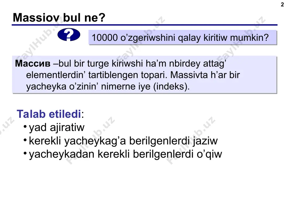 12 5 8 15 34 40 23 7 0 1 2 3 n-4 n-3 n-2 n-1 7 12 5 8 18 34 40 23 ne jaman? ? ne ushin n-1? ? kerekli elementlerdi tan’law * «a’piwayi» sheshim: ma’sele. a massivtin’ qandayda bir sha’rtti qanaatlandiratug’in elementlerin b massivke jaziw. i di 0 den n-1 ushin islew eger shart a[i] ushin orinlansa onda b[i]:= a[i] a b jup elementlerdi tan’law 0 1 2 3 4 5 12 3 34 11 23 46 12 ? 34 ? ? 46 ne jaman? ? kerekli elementlerdi tan’law * a b jup elementlerdi tan’law count = 0; for ( i = 0; i < n; i++ ) if ( a[i] % 2 == 0 ) { b[count] = a[i]; count ++; } b[count] = a[i]; 0 1 2 3 4 5 12 3 34 11 23 46 12 34 46 ? ? ? for ( i …