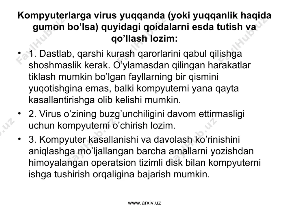 arning zararlanganligi to’g’risida qidiruv mashinalari (google) ma’lumot bera oladi, ya’ni siz google qidiruv natijalari orasidan zararlangan saytlarga kirishni xohlasangiz, google bu haqda sizni ogohlantiradi. misol uchun, www.google.co.uz ga kirib, “ozodbek.uz” degan veb-sayt adresini tering va qidiruv natijasidagi tavsiyaga qarang. 4. elektron pochtangizga kelgan xatlarga qo’shilgan (attached) fayllarni hech qachon antivirus tekshirmasidan oldin ochmang. hozirgi kunda elektron pochta viruslar tarqalashining eng asosiy vositasi hisoblangani uchun faqat va faqat antivirus tomonidan tekshirilgan xatlarni ochib o’qing. www.arxiv.uz www.arxiv.uz 5. antivirus programmaning avtomatik tarzda kompyuteringizni viruslardan tekshirib turishni ta’minlashi kerak. hozirgi kunda ko’pgina antivirus programmalarida bu xususiyat mavjud, shuning uchun kamida ikki kundan bir kompyuteringizni avtomatik tekshirib turishga antivirus programmangizni sozlashingiz kerak. bu usul eng yangi viruslarning kompyuteringizga o’rnashib qolishini oldini oladi. 6. internetda kompyuteringizga saqlab olayotgan fayllardan ehtiyot bo’ling. agar siz internetdan faol foydalanadigan bo’lsangiz, deyarli har kuni kompyuteringizga yangi programma, musiqa yoki klip saqlab olasiz va bu jarayonda ham ehtiyotkorlikni esdan chiqarmang. …