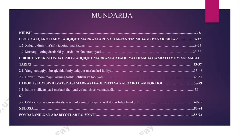 …………………………………………………………………………………………...80-84 foydalanilgan adabiyotlar ro‘yxati……………………...………………………………………….…...….85-92 kirish mavzuning dolzarbligi. xalqaro munosabatlar tizimida oʻzbekistondagi islom sivilizatsiyasi markazining musulmon olami siyosiy pozitsiyasini aks ettirishi alohida ahamiyatga molik. islom diniga eʼtiqod qiluvchi davlatlarning hamkorlik jarayoniga taʼsir koʻrsatgan omillar ichida eng muhim institutsional holat oʻzbekistondagi islom sivilizatsiyasi markazining vujudga kelishi hisoblanadi. aynan shu sababdan markazning tashkil etilishi, uning tizimli rivojlanishi, mintaqa davlatlari integratsiya jarayonlariga taʼsir koʻrsatish omillarining dolzarbligini yoritib berish muhim ahamiyat kasb etadi. oʻzbekiston respublikasi prezidenti sh.mirziyoyev taʼkidlaganidek, “dunyo shiddat bilan o‘zgarib, barqarorlik va xalqlarning mustahkam rivojlanishiga rahna soladigan turli yangi tahdid va xavflar paydo bo‘layotgan bugungi kunda ma’naviyat va ma’rifatga, axloqiy tarbiya, yoshlarning bilim olish, kamolga yetishga intilishiga e’tibor qaratish har qachongidan ham muhimdir”. hozirgi kunda xalqaro maydonda markaz faoliyati, uning mavqei, shuningdek, xalqaro miqyosdagi davlatlar hamjihatligini taʼminlashdagi rolini tadqiq etishga boʻlgan ilmiy ehtiyoj masalaning dolzarbligini anglatadi. mаvzuning о‘rgаnilgаnlik dаrаjаsi g‘arb tadqiqotchilari pitman potter, daniel laqua, rainald von gizycki, drori, g.s., j.w. meyer, f.o. …