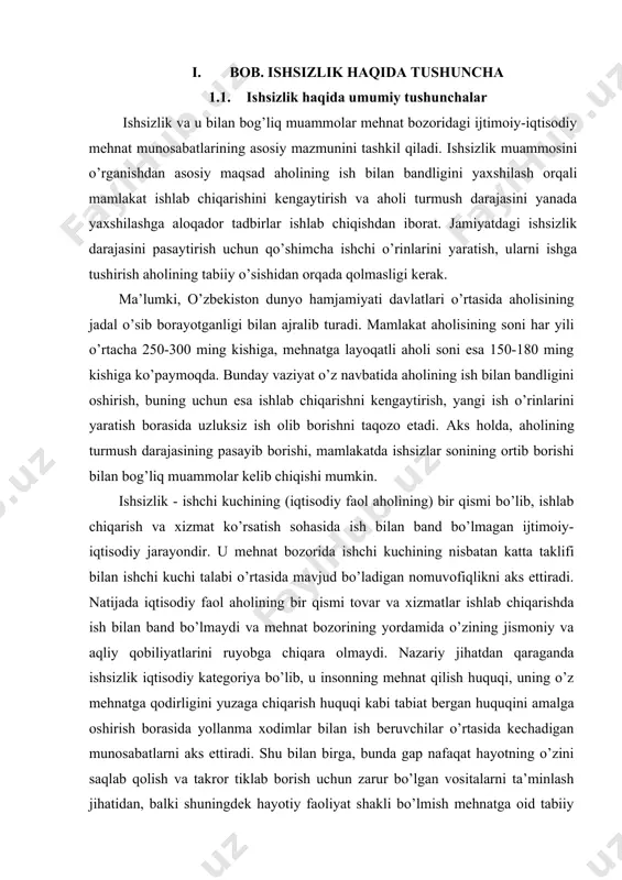 bo’lishi va amaldagi qonun hujjatlariga binoan pensiya ta’minoti huquqiga ega bo’lmasligi kerak. huquqiy jihatdan mehnat qilish qobiliyatining quyi darajasi, mehnat kodeksining 77-moddasiga muvofiq 16 yosh deb belgilangan. shuni alohida ta’kidlab o’tish joizki, mehnat kodeksining ushbu moddasiga muvofiq tegishli shartlarga rioya etilgan holda 15 yoki 14 yoshga to’lgan yoshlarni ham ishga qabul qilishga yo’l qo’yilsa-da, ular ishga layoqatli shaxs deb e’tirof etilishlari mumkin emas. ikkinchi shart – fuqaro ishga va ish haqiga (mehnat daromadiga) ega bo’lmasligi lozim. agar, fuqaro asosiy ishini yo’qotgan (masalan, shtatlar qisqarishi munosabati bilan bo’shatilgan), lekin o’rindoshlik asosida boshqa korxonada ishlayotgan bo’lsa, bunda u ish bilan band bo’lgan deb hisoblanadi. nafaqalar, alimentlar, qimmatli qog’ozlar bo’yicha olingan dividendlar, banklarga qo’yilgan mablag’larga hisoblangan foizlar ish haqiga (mehnat daromadi) kirmaydi. xuddi shunday pensiya va stipendiyalar ham ish haqi (mehnat daromadi) tarkibiga kirmaydi, lekin pensiya oluvchi fuqarolar ijtimoiy jihatdan himoyalanganliklari, ishlab chiqarishdan ajralgan holda stipendiya olib o’qiyotganlar ish bilan ta’minlangan deb hisoblanishlari …