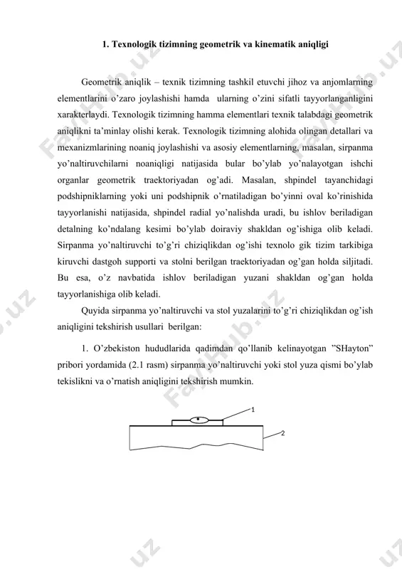 ’gan holda siljitadi. bu esa, o’z navbatida ishlov beriladigan yuzani shakldan og’gan holda tayyorlanishiga olib keladi. quyida sirpanma yo’naltiruvchi va stol yuzalarini to’g’ri chiziqlikdan og’ish aniqligini tekshirish usullari berilgan: 1. o’zbekiston hududlarida qadimdan qo’llanib kelinayotgan ”shayton” pribori yordamida (2.1 rasm) sirpanma yo’naltiruvchi yoki stol yuza qismi bo’ylab tekislikni va o’rnatish aniqligini tekshirish mumkin. rasm . shayton bilan yuzani nazorat qilish sxemasi 1-shayton pribori; 2-stolning yuza qismi rasm. sirpanma yo’naltiruvchi yoki stol yuza qismini «optik» pribor yordamida aniqlikka tekshirish. a) 1-yo’naltiruvchi; 2-ilmoq (ilgak); 3-rolik; 4-po’lat ip; 5-optik asbobni kuzatish oynasi; b) o’lchov natijalari grafigi. aniqlikka tekshiriluvchi dastgohhning sirpanma yo’naltiruvchi 1-ning yuza qismini bir tomoniga ilgak 2 va ikkinchi tomoniga rolik 3 o’rnatiladi. ilgakka sirtmoqli po’lat ip 4 ilinib, u rolik orqali q yuk bilan tarang qilib tortib qo’yiladi. yo’naltiruvchini elementar qismlarga ajratib, shu elementar qismlar bo’ylab ketma-ket optik pribor 5 siljitilib, po’lat ip bilan yo’naltiruvchining yuzasi orasidagi hi masofalar yozib boriladi. …