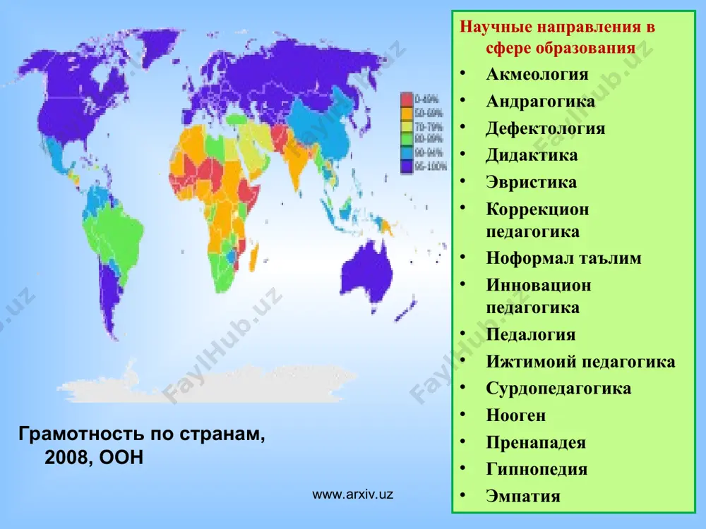 ый квадратный километр территории составляет более 150 человек, пять из них — это области узбекистана. андижанская область по плотности населения опережает даже такую густонаселённую область, как московская, и занимает первое место среди регионов снг. средняя плотность населения в андижанской области 452,1 человека на каждый квадратный километр площади, а в московской области — 334,5 человека. в андижанской области, занимающей менее 1 % территории республики, проживает 9 % всего населения узбекистана. по сравнению с 1939 годом число городов узбекистана выросло почти в 5 раз. в 1939 году в ташкенте проживало 556 тыс. человек, то на начало 1994 года — 2 121 тыс. в 1939 году до общей численности населения ташкент занимал восьмое место в ссср, теперь вышел на четвёртое в снг, уступая таким крупным городам, как москва, санкт-петербург и киев. численность населения узбекистана до 2015 года вырастет более чем в 1,5 раза и составит 36 333 тыс. www.arxiv.uz www.arxiv.uz жамиятда тотувлик, ҳамжиҳатлик …