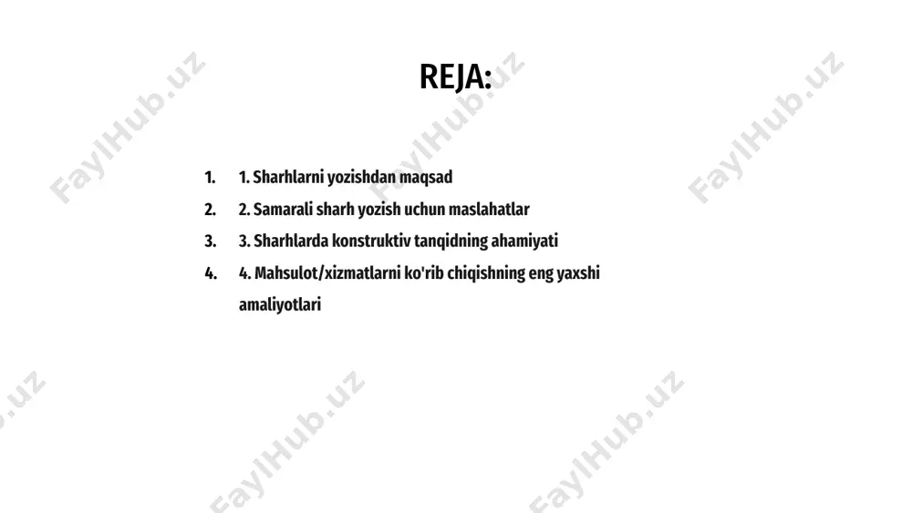 hilash bo'yicha takliflarni taklif qilish muhimdir. ushbu yondashuv yanada samarali qayta aloqa va o'sishga olib kelishi mumkin. salavha sharh yozayotganda, mahsulot yoki xizmat bilan bog'liq tajribangiz haqida batafsil va halol bo'ling. qimmatli fikr-mulohazalarni taqdim etish uchun ham ijobiy tomonlarga, ham takomillashtirish sohalariga e'tibor qarating. 1 sharhingizning maqsadli auditoriyasini ko'rib chiqing va shunga mos ravishda til va ohangingizni moslang. o'quvchilarni chalkashtirib yuborishi mumkin bo'lgan jargon yoki haddan tashqari texnik atamalardan saqlaning. uni aniq va qisqacha saqlang. 3 fikrlaringizni qo'llab-quvvatlash va sharhingizga ishonchlilik berish uchun aniq misollar yoki anekdotlardan foydalaning. dalil va shaxsiy tushunchalarni taqdim etish boshqalarga sizning fikr-mulohazalaringiz asosida ongli qarorlar qabul qilishga yordam beradi. 2 5. yaxshi taqrizning elementlari a sharh yozishda, mahsulot yoki xizmat haqida qisqacha ma'lumot berishdan boshlang. bu sizning sharhingizning qolgan qismi uchun zamin yaratadi. b keyinchalik, yaxshi ko'rib chiqishni tashkil etadigan aniq elementlarni muhokama qiling. ular orasida ijobiy va salbiy tomonlarga e'tibor qaratish, misollar keltirish va …