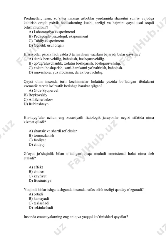 c) tasodifiy ko’rsatkich d) aralashuvchi ko’rsatkich eksperiment davomida o’zgarmasligi nazorat qilinadigan ko’rsatkichlar qanday nomlanadi? a) idora qilsa bo’ladigan ko’rsatkich b) tobe ko’rsatkich c) tasodifiy ko’rsatkich d) aralashuvchi ko’rsatkich bog`liq bo’lmagan o’zgaruvchini boshqa omillarga nisbatan bog`liq o’zgaruvchiga ta`siri me`yorini ifoda etuvchi validlik bu ... a) ichki validlik b) tashqi validlik c) me`yoriy validlik d) konstruktiv validlik real tadqiotning o’rganilayotgan ob`ektiv voqelikka mos kelishini ... deyish mumkin. a) tashqi validlik b) real eksperment c) psixogenetika d) ideal eksperiment statistik regressiya nima? a) asosiy ko’rsatkichlarga ko’ra natijalarni guruh o’rtacha ko’rsatkichiga aralashib ketishi, mos kelmasligi b) eksperiment jarayonida sodir bo’lishi mumkin bo’lgan nazorat qilib bo’linmaydigan hodisa c) eksperiment jarayonida ishtirokchilarning yoshi va tajribasini ortishi bilan bog`liq omil d) test o’tkazish jarayonida ishtirokchilar xulq-atvorini o’zgarish rasmiy manba nima? a) psixologiya sohasidagi turli xil kitoblar, ma`lum mavzudagi ma`lumotlarni jamlovchi kitob va maqolalar, texnik hisobotlar, elektron nashrlar, jurnallardagi maqolalar b) koferensiya tezislari to’plami, to’garaklar, labaratoriya kengashlari, og`zaki …