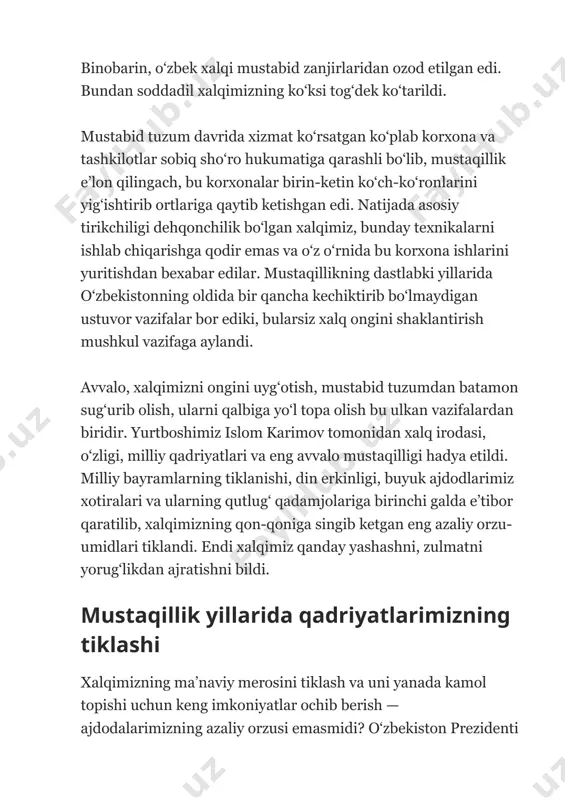 zbekistonning o‘z istiqlol va taraqqiyot yo‘li” kitobida “o‘zbekistonning milliy-madaniy jihatdan g‘oyat rang-barangligi, milliy o‘zligini aglash va ma`naviy qayta tiklanishning kuchayib borishi bilan uzviy birlikda jamiyatni yanglilash, uni ochiq jamiyatga aylantirish uchun qudratli omil bo‘lib hizmat qiladi va respublikaning jahon hamjamiyatiga qo‘shilishi uchun qulay sharoitlarni vujudga keltirada”, deb ta’kidlagan edi. (karimov i.a. o‘zbekistonning o‘z istiqlol va taraqqqiyot yo‘li. t, 1992y, 13 bet) mustaqillik yillarida ma`naviy poklanish haqida gap ketganda o‘zbek tiliga davlat tili maqomi berilishining ahamiyati kattadir. 1989-yil 21-oktyabrda qabul qilingan o‘zbekiston respublikasining “davlat tili haqida”gi qonun milliy ongning rivojlanishida, mamlakat mustaqilligining mustahkamlanishida, madaniy merosning tiklanishi va jamiyatning ma’naviy yangilanishida muhim rol o‘ynadi. o`zbekiston respublikasi oliy majlisining 1995-yil 22-dekabrdagi sessiyasida bu qonun yangi tahrirda qabul qilindi. bu ulkan natijaga erishish, o‘zbek xalqini ma’nan ulg‘ayishiga, azaliy qadriyatlarni tiklanishiga turtki bo‘ldi. yurt tinchlgini, mustaqilligini, jamiyat osoyishtagilini mustahkamlash uchun, avvalo, eski tuzumga moslashgan xalq ongidagi g‘oyaviy chalkashliklardan, yurtboshimiz ta’biri bilan aytganda, “temir parda” dan …