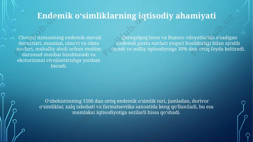 lar va texnologiyalar muhokama qilindi. choʻl va dasht zonalarining endemik oʻsimliklari тошкент вилоятининг чўл ҳудудларидаги эндемик ўсимликларнинг 20% дан ортиғи тупроқнинг тузлилигига юқори даражада чидамли бўлиб, ўзгача физиологик хусусиятларга эга. қорақум чўлининг жанубий ҳудудларидаги 50 га яқин эндемик ўсимлик тури, айниқса, камёб бута ва ярим буталар қадимги флора элементларини акс эттиради. қорақум чўлининг жанубий ҳудудларидаги 50 га яқин эндемик ўсимлик тури, айниқса, камёб бута ва ярим буталар қадимги флора элементларини акс эттиради. kamyob va yoʻqolib borayotgan endemik oʻsimliklar toshkent viloyatining 5000 gektar maydonini egallagan chatqol togʻlarida 100 ga yaqin endemik oʻsimlik turi saqlanib qolgan, biroq ularning soni antropogen ta'sirlar tufayli kamaymoqda. fergana vodiysidagi togʻli hududlarda kamyob, yoʻqolib borayotgan 20 dan ortiq endemik gulli oʻsimlik turlari, jumladan, iris schaeferi va boshqalar aniqlangan. oʻzbekistonning 1500 dan ortiq endemik oʻsimlik turi mavjud boʻlib, ularning 300 ga yaqini qoraqalpogʻiston respublikasining choʻl va dasht hududlarida uchraydi. oʻzbekistonning endemik florasi haqida umumiy maʼlumot taxminan 200 dan …