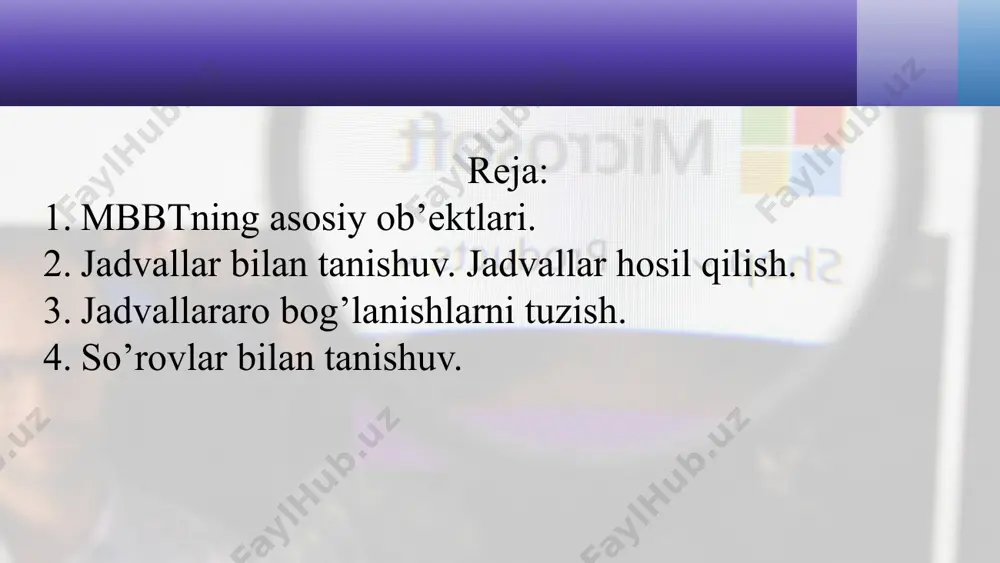kabi maxsus rasmiylashtirish elementlarini xam asosiy ma’lumotlar qatori qog’ozga chiqarish uchun mo’ljalangan aloxida jixatlari mavjudligi bilan ajralib turadi. saxifalar – aslida “ma’lumotlarga kirish saxifalari” deb atalivchi bu ob’ekt internetda www xizmatining juda ham tez omaviylashuvi natijasida hosil bo’lgan desak yanglishmaymiz. bu ob’ekt web – saxifada joylashadi va u bilan birga foydalanuvchiga uzatiladi. makroslar - mbbt bilan ishlash jarayonida ko’p marotaba takrorlanuvchi amallarning bajarilishini avtomatlashtirish uchun qo’llaniladi. modullar - vba (visual basic for applications) tilida yaratiladi. modullar yordamida mb ning funksional imkoniyatlari kengaytirilishi, mb buyurtmachisining maxsus talablari qondirilishi, mbbt ning ishlash tezligi hamda himoyalanganlik darajasi yaxshilanishi mumkin. 2. jadvallar bilan tanishuv. jadvallar hosil qilish. jadval-tablitsa hosil qilish uchun avvalo “baza dannix” oynasidagi “taблицы” nomli boshqaruv elementini tanlashimiz kerak. so’ngra, bu elementni tanlash tufayli faollashgan paneldan mavjud uchta boshqaruv elementidan birini, ya’ni “создание таблицы в режиме конструктора”, “создание таблицы с помощью мастера” va “создание таблицы путем ввода данных” deb nomlangan belgichalardan birini …