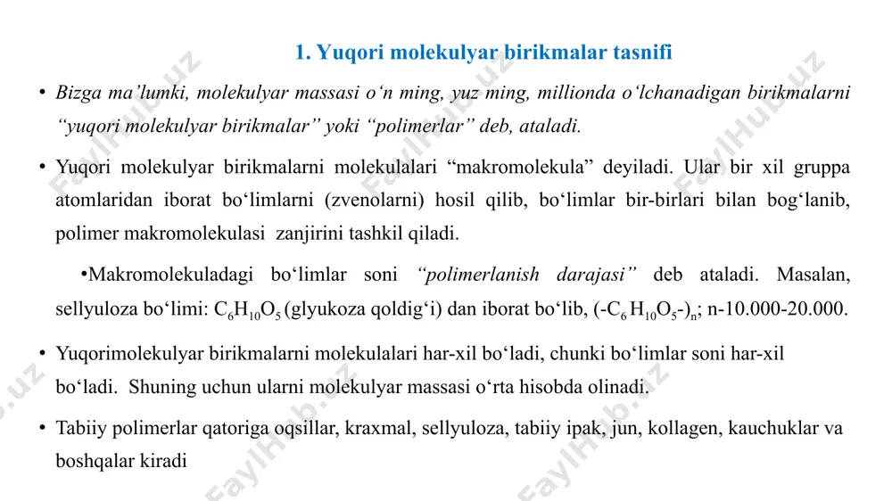 i esa, ugleroddan tashqari, azot, oltingugurt, kislorod atomlari bor bo‘ladi). polimer makromolekulalarini strukturasi (tuzilishi) ularni xususiyatiga muhim ta’sir etadi. bir chiziqlik, shohlab ketgan, to‘rsimon strukturali ham bo‘ladi. makromolekulalarni har xil ko‘rinishi “konformatsiya” deb ataladi. bir chiziqli polimerlar makromolekulalarini yaqin masofada bir-biriga parallel joylashgan zonalari “kristallitlar” ni hosil qiladi. polimer tarkibidagi kristallitlar miqdori “kristallanish darajasi” deyiladi. kristallanish darajasi past bo‘lgan amorf polimerlar haroratga nisbatan uch agregat holatda bo‘lishi mumkin: shishasimon, yuqorielastik va qovushqoq-oquvchan holatlarda. shishasimon holatlarda molekulalararo tortishish kuchlari yuqori bo‘lib, polimer mustahkam bo‘ladi, haroratni pasaytirsa mo‘rt bo‘ladi, qizdirganda esa yuqori elastik holatga keladi. harorat yanada ko‘tarilsa, polimer suyuqlashib oqadi. bu harorat polimerlarning “oqish harorati” deyiladi. elastik holatdan shishasimon holatga qaytish harorati “shishalanish harorati” deyiladi. polimerlar termoplastik va termoreaktiv turlariga ajratiladi. termoplastik polimerlar qizdirilganda yumshab plastik holatga kelib, sovutilganda yana qotib o‘z xususiyatini saqlab qoladi. termoreaktiv polimerlar tarkibidagi kimyoviy aktiv guruhlari hisobiga qizdirilganda yumshab plastik holatiga kelib, makromolekulalari o‘zaro bog‘lanib uchlamchi …