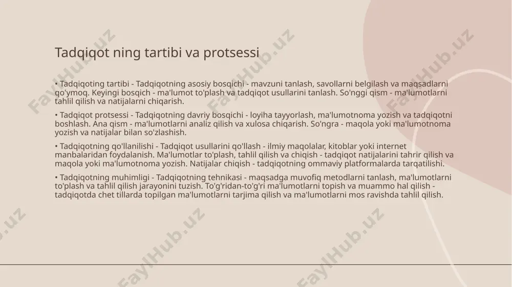 alishini, maqsadlarini va muqobil o'ziga qaratishini ta'minlaydi. tadqiqot fanining rivojlanishi • tadqiqot fanining tarixi - tadqiqot fanining rivojlanishi uchun eng muhim bo'lgan voqealar haqida ma'lumot. • tadqiqot yo'nalishlari - tadqiqot fanining rivojlanishi jarayonidagi muhim yo'nalishlar haqida ma'lumot. • tadqiqot metodlari - tadqiqot fanining rivojlanishida foydalaniladigan eng muhim tadqiqot metodlari. • muhim tadqiqot natijalari - tadqiqot fanining rivojlanishi natijalariga qaratiladigan eng muhim ommabop natijalar. thank you for your attention! image1.png image4.jpg image5.jpg image6.jpg image7.png image8.jpg welcome to