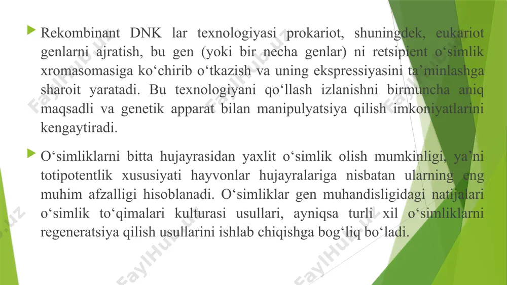 virusning o‘zgartirilgan shakli yuborilsa, virusning genetik materiali tezda o‘simlik hujayralarining doimiy qismiga aylanadi. o'simlik o'sishi bilan uning hujayralari virus oqsillarini ishlab chiqaradi - lekin virusning yuqumli qismini emas. odamlar virus oqsillari bilan to'la bo'lgan genetik jihatdan ishlab chiqilgan banan luqmasini iste'mol qilganda , ularning immun tizimi kasallikka qarshi kurashish uchun antikorlarni hosil qiladi . shuningdek, kartoshka, sabzi va tamakida ham amalga oshiriladi. moviy atirgul boshqa o'simlikdan olingan ko'k pigment uchun gen moviy atirgullar tabiiy emas; ular transgenikdir estetik maqsad (ular go'zal ...), lekin haqiqiy ilmiy ahamiyatga ega emas paragvay 2.0 janubiy afrika 1.4 urugvay 0.4 filippin 0 .2 avstraliya meksika 0,1 ispaniya ruminiya fransiya eron gonduras < 0 . 1 portugaliya germaniya slovakiya chexiya isaaa, c.jeyms ekin maydonlari transgen ekinlar ostida dunyoda papaya kartoshka guruch qovoq qand lavlagi pomidorlar faqat ba'zilarida o'sadi mamlakatlar va ko'pincha mahalliy uchun foydalanish birinchi marta 2007 yilda etishtirilgan koʻp yillik gm bedasi – (80 000 …