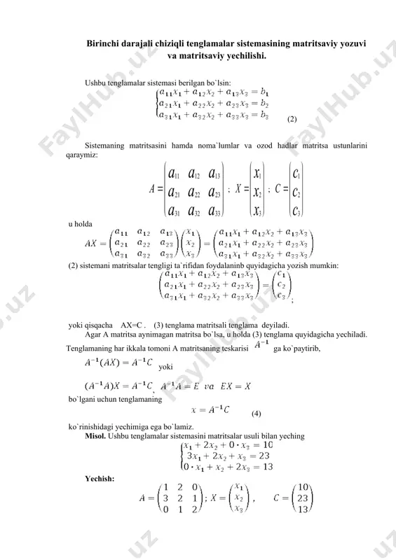 chinchi ustunlarini ajratishdan hosil bo`ladi. ikkinchi tartibli minorlardan biri, masalan, determinant bo`ladi. matritsaning elementlarining o`zlarini birinchi tartibli minor deb qarash mumkin. matritsaning minorlaridan ba`zilari nolga teng, ba`zilari noldan farqli bo`lishi mumkin. matritsaning rangi deb, uning noldan farqli minorlari tartiblarining eng kattasiga aytiladi. agar a matritsaning rangi r ga teng bo`lsa, bu narsa a matritsada hech bo`lmaganda bitta noldan farqli r- tartibli minor borligini, biroq, r dan katta tartibli har qanday minor nolga tengligini r(a) bilan belgilaymiz. ushbu matritsani qaraymiz: uning yagona to`rtinchi tartibli minori nolga teng: (bitta satrning barcha elementlari nolga teng bo`lsa, determinant sifatida), uchinchi tartibli minorlaridan biri esa noldan farqli , masalan, demak, berilgan matritsaning rangi uchga teng, ya`ni r(a)=3. matritsaning rangini hisoblashda ko`p sondagi determinantlarni hisoblashga to`g`ri keladi. bu ishni osonlashtirish uchun maxsus usullardan foyadalaniladi. bu usullarni bayon qilishdan oldin matritsani elementar almashtirishlar haqidagi tushunchani kiritamiz. elementar almashtirishlar deb, quyidagi almashtirishlarga aytiladi: 1) matritsaning biror satri (ustuni) …