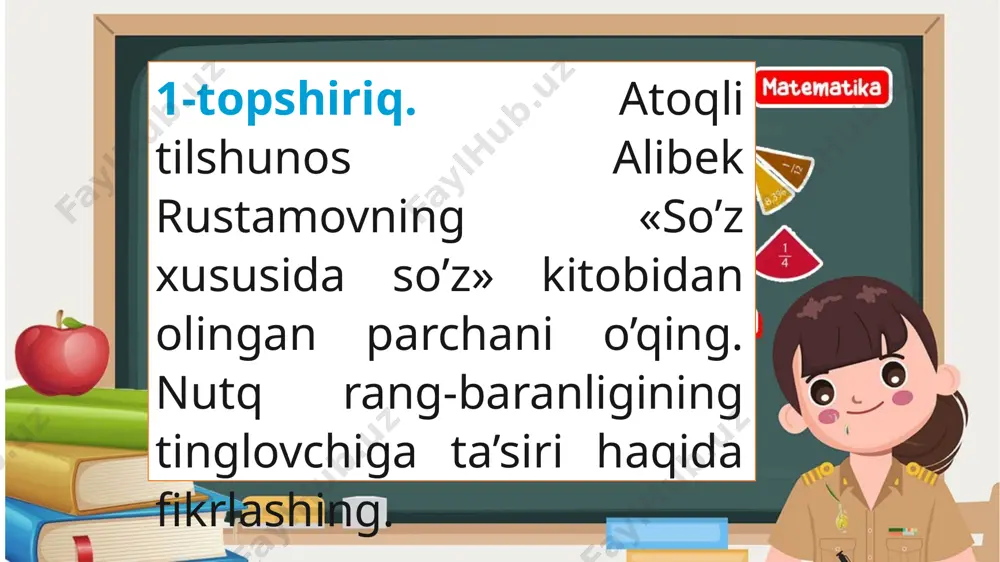 g’igacha. o’xshashi: boshdan oyoq. istarasi issiq xush ko’rinishli, yoqimli, jozibador. varianti: yulduzi issiq; sitorasi issiq. zidi: so’xtasi sovuq. 1. nutqning asosiy maqsadi haqidagi mulohazalaringizni ayting. 2. nutqning kommunikativ sifatlari deganda nimani tushunasiz? 3. nutqning to’g’rilik sifatini tavsiflang. 4. madaniy nutq tushunchasini izohlang. 5. nutq madaniyatining birinchi va ikkinchi – oliy bosqichlari haqida gapiring. 16-mashq. matnni ko’chiring, gapda so’zlarning qanday bog’lanayot ganini aniqlang. beminnat do’st e’tibor berganmisiz-yo’qmi, bilmadim-ku, sizning sadoqatda tengsiz do’stingiz bor. qachon xohlasangiz, siz bilan hamsuhbat bo’ladi. shod paytingizda quvonchingizga quvonch qo’shadi. g’amgin pallada dardingizni oladi. bilmaganingizni o’rgatadi. adashsangiz, to’g’ri yo’l ko’rsatadi. yaqin kishila ringiz burilib ketganida ham u sizni tark etmaydi. xizmati uchun hech nima tama qilmaydi. yillab unutib, tashlab qo’ysangiz indamaydi. hatto uloqtirib yuborsangiz ham arazlamaydi. tag’in chorlasangiz, yetib kelib, xizmatingizni qilaveradi. bu do’stning nomi – kitob. (o’. hoshimov) 16 e’tiboringiz uchun rahmat!! image1.png image2.jpg image3.jpeg image4.jpeg image5.jpeg image6.jpeg image7.jpeg image8.jpeg image9.jpeg image10.jpeg image11.jpeg image12.png