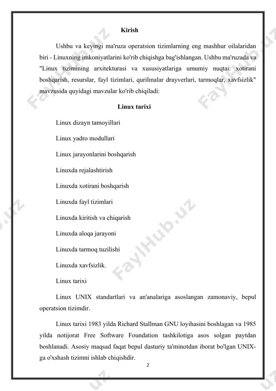 natijasida foydalanuvchilar korporativ konfidentsial kodni o'z ichiga olmagan original, bepul, unix-mos keluvchi tizimga ega bo'ladilar. linux yadrosi versiya 0.01 (1991 yil may) hech qanday tarmoqqa ulanmagan, faqat 80386-mos keladigan intel protsessorlarida ishlagan, qurilma drayverlarining juda cheklangan to'plamiga ega edi va faqat minix fayl tizimini qo'llab-quvvatlagan (minix - endryu tannenbaum tomonidan ishlab chiqilgan unix tipidagi operatsion tizim). linux versiyasi 1.0 (1994 yil mart) quyidagi yangi xususiyatlarni o'z ichiga oladi: standart unix tcp/ip tarmoq protokollarini qo'llab-quvvatlash tarmoq dasturlash uchun bsd mos soket interfeysi ethernet tarmoqlari orqali ip-dan foydalanish uchun qurilma drayverini qo'llab-quvvatlash kengaytirilgan fayl tizimi yuqori unumdorlikdagi disklarga kirish uchun keng doiradagi scsi kontrollerlarini qo'llab-quvvatlash . linux 1.2 versiyasi (1995 yil mart) faqat shaxsiy kompyuterlar uchun linux yadrosining oxirgi versiyasi edi. linux 2.0 1996 yil iyun oyida quyidagi yangi xususiyatlar bilan chiqarildi: bir nechta apparat arxitekturasini qo'llab-quvvatlash, shu jumladan digital alpha ish stantsiyalariga to'liq 64-bitli portlash (dunyodagi birinchi 64-bitli ish stantsiyalari) ko'p …