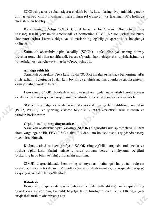 tiative for chronic obstructive lung disease) tasnifi yordamida aniqlanadi va bemorning fev1 (bir soniyadagi majburiy ekspirator hajm) ko'rsatkichiga va alomatlarining og'irligiga qarab 4 ta bosqichga bo'linadi. surunkali obstruktiv o'pka kasalligi (sook) nafas olish yo'llarining doimiy ravishda torayishi bilan tavsiflanadi, bu esa o'pkadan havo chiqarishni qiyinlashtiradi va 40 yoshdan oshgan chekuvchilarda ko'proq uchraydi. amalga oshirish surunkali obstruktiv o'pka kasalligida (sook) amalga oshirishda bemorning nafas olish tezligini 1 daqiqada 20 dan kam bo'lishiga erishish muhim, chunki bu gipoksemiyani kamaytirishga yordam beradi. bemorning sook davolash rejimi 3-4 soat oralig'ida nafas olish fizioterapiyasi va dori vositalarini qo'llash orqali amalga oshiriladi va bu samaradorlikni oshiradi. sook da amalga oshirish jarayonida arterial qon gazlari tahlilining natijalari (pao2, paco2) va qonning kislorod to'yinishi (spo2) ko'rsatkichlarini kuzatish va baholab borish zarur. o'pka kasalligining diagnostikasi surunkali obstruktiv o'pka kasalligi (so'ok) diagnostikasida spirometriya muhim ahamiyatga ega bo'lib, fev1/fvc nisbati 0,7 dan kam bo'lishi tashxis qo'yishda asosiy mezon hisoblanadi. ko'krak qafasi …