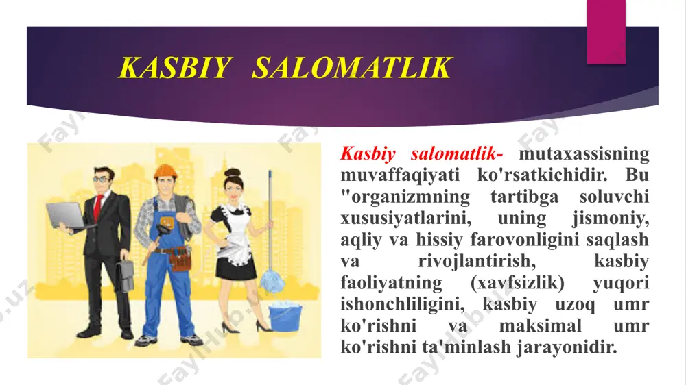 xursandchilik, shijoat, rag'bat hamda ma’naviy ozuqa beradi. kasbni sevish, kasbiy motivatsiyani oshirish kasbiy motivatsiyani oshirish, sarflangan sa'y-harakatlar va olingan mukofot o'rtasidagi muvozanatni muvozanatlash. kasbni sevish va kasbiy motivatsiyani oshirish salomatlikning asosiy omili bo'lib xizmat qiladi. inson o'z kasbini sevishi va undan rohatlanib faoliyat ko'rsatishi nafaqat kasbiy faoliyatida muvoffaqiyatga erishibgina qolmay, balki uning salomatligiga stressli vaziyatlarga kam tushib qolishi yoki stressni osongina yengib o'tishiga ijobiy ta’sir qiladi. kasbni sevish, kasbiy motivatsiyani oshirish kasbdan qoniqqanlik darajasi shaxslarni turli emotsional holatlarini barqaror bo'lishi, ko'tarinki kayfiyat , maqsad sari intiluvchanlikni oshiradi va charchoq hissini bermaydi. oiladagi sog'lom psixologik muhit oiladagi sog'lom psixologik muhit ham kasbiy salomatlikka bo'g'liq bo'lgan jarayon hisoblanadi. nima sababdan? oiladagi sog'lom psixologik muhit tong sizning xayotingizni qanday o'zgartirishi mumkin? xar kuni shularni bajaring. tavsiyalar 1. erta tongdan tabassum qiling, shunday gap bor «chap tomoning bn turdingmi» bu juda to'gri gap, tongni qanday kutib olsang kuning shunday o'tadi. 2. nima bo'lishidan qa’tiy …