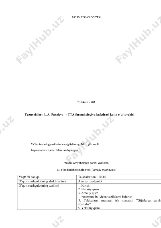 lantirish; - informastiyani analiz qilish, umumlashtirish, qiyosiy ta’riflash, tizimlashtirish ko’nik-malarini rivojlantirish; - kommunikativ ko’nikmalarni rivojlantirish. o`quv faoliyati natijalari: talaba bilishi kerak: - sodda jonivorlarga va zamburug’larga qarshi vosi-talarning tasnifini; - sodda jonivorlarga va zamburuq’larga qarshi vosi-talarning asosiy xususiyatlarini; - sodda jonivorlarga va zamburug’larga qarshi vosi-talarning ta’sir mexanizmini; - sodda jonivorlarga va zamburug’larga qarshi vositalarni qo’llash uchun ko’rsatmalarni; - sodda jonivorlarga va zamburug’larga qarshi vositalarni nojuya ta’sirlari va asoratlarini . talaba qila olishii kerak: - amaliy ko’nikmalar – resteptura bo’yicha vazifalarni bajarish (dorilarni chiqarish shakli, dozasi, miqdori va qo’llanilishini ko’rsatib resteptlar yozish: nistatin (tab.), nitrofungin (fl.), amfoteristin v (fl.), xingamin (tab, amp.), metronidazol (tab., supp.), emetin gidroxloridi (amp.), solyusurmin (amp). ta’lim usullari yangi pedagogik texnologiya:“moychechak” ta’lim shakli yakka tartibli, jamoaviy, guruxlarda ishlash ta’lim vositalari o`quv qurollari, o`quv jixozlari, dori vositalarni to’plami, dori vositalarga anatastiya to’plami, doska va bo’r. monitoring va baxolash - ogzaki nazorat: nazorat savollari, o`quv topshi-riqlarni guruxlarda bajarish - …