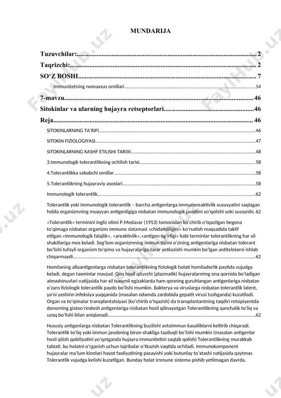 llari va test savollari) va amaliy mashg‘ulotlar materiallari (amaliy topshiriqlar, adabiyotlar ro‘yxati, ta’lim texnologiyasi, tarqatma materiallar, test savollari)dan tashkil topgan. i. ma’ruza materiallari 1-mavzu kirish. immunologiya fanining predmeti, maqsadi, vazifalari, metodlari va rivojlanish tarixi. reja: 1. immunologiya fanining predmeti, maqsadi va vazifalari 2. immunologiya fanining muommolari 3. immunologiya fani tarixi tayanch iboralar: immunologiya, genetik, mikrob, tashxis, emlash, chin chechak, fagatsitoz, antigen; hozirgi zamon immunologiyasi ta’limiga ko’ra immunitet deganda organizmning genetik begona informatsiyani tashuvchi tirik tana va moddalardan o’zini himoya qilish xususiyati tushuniladi. immunitet organizmni nafaqat mikroblardan balki gistomansublikning atiga bitta geni bilan farq qiluvchi hujayra va to’qimalardan ham himoya qiladi. bundan tashqari immunitetning asosiy vazifalaridan biri havfsiz va havfli o’smalarga qarshi kurash. immunitet so‘zi lotincha bo‘lib, immunities - biror narsadan xalos bo‘lmoqlikni anglatadi. immunologiya fanining rivojlanishi asosan yuqumli kasalliklarni o‘rganish, ularga diagnoz qo‘yish asosida rivojlanib kelgan. shuning uchun ham insoniyat tarixida birinchi bo‘lib chin chechak kasalligiga qarshi emlashni 1796 yilda …