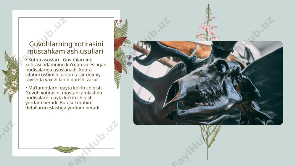 ik berish jarayonini boshqarish • jarayonning ahamiyati - guvohlik berish jarayoni sud ishlarida muhim ahamiyatga ega bo'lib, dalillarni aniqlashda xizmat qiladi. • guvohlarning roli - guvohlar ishda zarur bo'lgan ma'lumotlarni taqdim etish orqali sudning qaror qabul qilishida yordam beradi. xulosa • guvohlashtirish psixologiyasi - guvohlashtirish psixologiyasi inson ruhiyatining o'zgarishi va shaxsning xulq-atvoridagi tasirini o'rganadi. bu jarayon, psixologning yordamida, faol guvohlik va tushuncha holatiga erishish uchun qo'llaniladi. guvohlashtirish jarayoni vaqtincha shaxsiy xususiyatlarni o'zgartirishni ta'minlaydi, bu esa to'g'ri qarorlar qabul qilishga yordam beradi. shuningdek, guvohlashtirish psixologiyasi boshqaruv va ta'sir ko'rsatish usullarini, shuningdek, ijtimoiy munosabatlarda samimiylikni oshirishga imkon yaratadi. ushbu psixologiya yo'nalishi, insonga yanada samarali muammolarni hal qilishga yordam beradi. foydalanilgan adabiyotlar • - 1. abdullaev, a.. (2019). *guvohlashtirishning psixologik asoslari*. toshkent davlat pedagogika universiteti. 2. hakimov, n.. (2021). *zamonaviy kognitiv psixologiyada guvohlashtirish*. psixologiya va hayot. 3. ismoilova, m.. (2020). *loyiqshunoslik va guvohlashtirish amaliyotlari*. o'zbekiston fanlar akademiyasi. 4. karimova, l.. (2018). *guvohlashtirish jarayoni: …