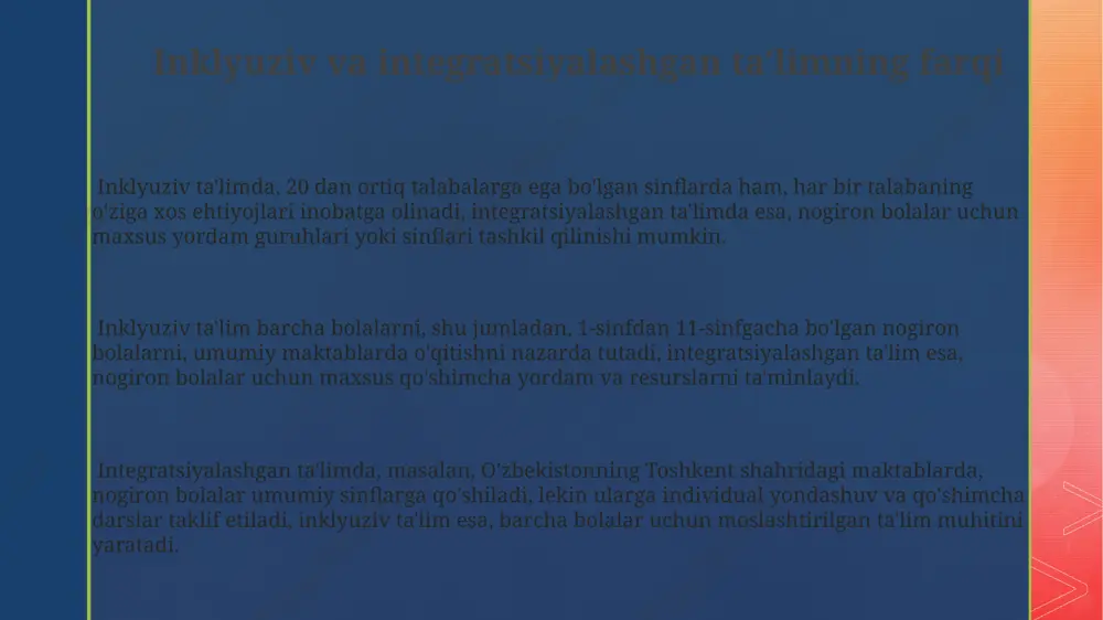 inlanadi. muvaffaqiyatli inklyuziv ta'lim misollari samarqand viloyatida joylashgan 23-maktabda 15 dan ortiq oʻquvchi autizm bilan yashaydi. maktab mazkur bolalar uchun individual ta'lim rejalari ishlab chiqdi va ularning oʻquv jarayoniga integratsiyalashuvini ta'minladi, bu esa oʻquv natijalarining 25% ga oshishiga olib keldi. 2010-yildan buyon oʻzbekistonning 15 ta viloyatida 50 dan ortiq maktab inklyuziv ta'limni joriy etib, 300 dan ziyod oʻquvchini qoʻshimcha yordam bilan ta'minlamoqda. bu dastur, maxsus ehtiyojlarga ega bolalar uchun maxsus pedagoglarni jalb qilishni oʻz ichiga oladi. toshkent shahridagi 10-sonli ixtisoslashtirilgan maktab-internatda, 80 dan ortiq nogiron bolalarga xizmat koʻrsatiladi va ular uchun moslashtirilgan ta'lim muhiti yaratildi. ushbu maktabda 20 dan ortiq logoped va defektolog ishlaydi. o'quvchilarning ehtiyojlarini qondirish samarqanddagi 25-maktabda o'quvchilarning 70% ga yaqini individual o'quv rejalariga ega bo'lib, ularning o'rganish uslublari va ehtiyojlarini inobatga olgan holda tuzilgan. toshkent shahridagi inklyuziv maktablarning 30% dan ortig'i o'quvchilarning jismoniy va aqliy salomatligi ehtiyojlarini qondirish uchun maxsus jihozlar va moslashtirilgan resurslar bilan ta'minlangan. andijon …