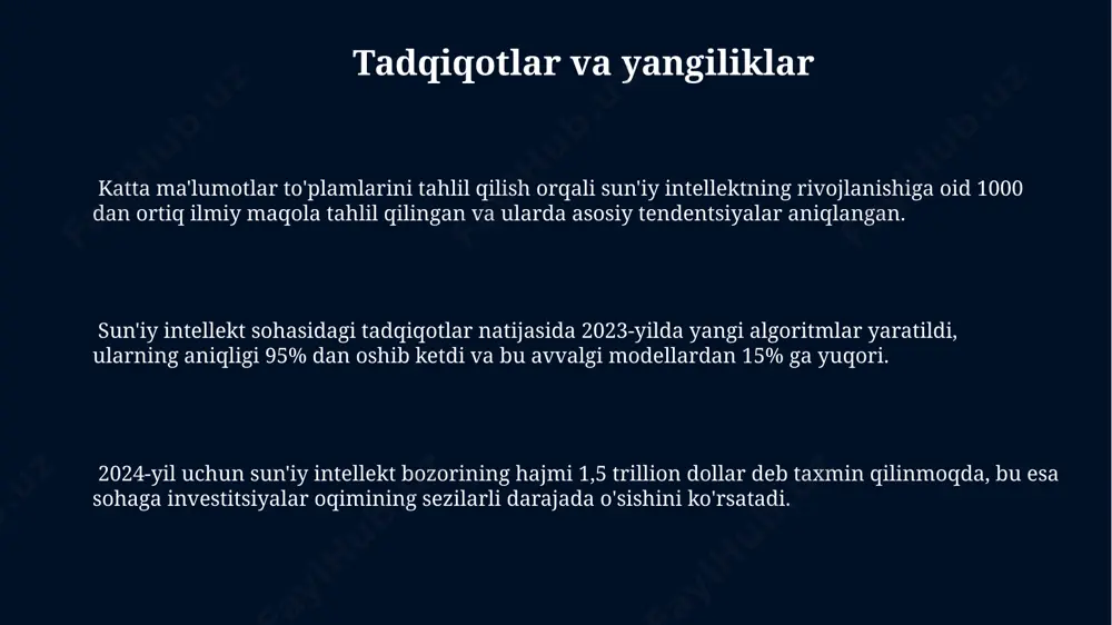 eyronlar va ular orasidagi ulanishlardan iborat bo'lib, murakkab ma'lumotlarni qayta ishlashga imkon beradi. orqaga tarqalish algoritmi (backpropagation) neyron tarmoqlarini o'qitishda keng qo'llaniladi va xatolikni minimallashtirish uchun tarmoqning og'irliklarini takroran yangilashni o'z ichiga oladi. sun'iy intellektning afzalliklari sun'iy intellekt xatoliklar sonini kamaytiradi, masalan, tibbiyotda diagnostika aniqligini 15% ga oshirib, inson omili xatolarini minimallashtiradi. ai yordamida katta hajmdagi ma'lumotlarni tahlil qilish tezligi inson qobiliyatlaridan 1000 baravar yuqori bo'lishi mumkin, bu esa aniq prognozlarni ta'minlaydi. sun'iy intellekt, odamlarga nisbatan 24/7 uzluksiz ishlash imkoniyatiga ega bo'lib, ishlab chiqarish samaradorligini 30% gacha oshirishi mumkin. kelajakdagi istiqbollar sun'iy intellektning kelajakdagi rivojlanishi natijasida 2040-yilga borib, global iqtisodiyotga 15 trillion dollarga yaqin qo'shimcha qiymat qo'shilishi kutilmoqda. avtonom transport vositalarining keng tarqalishi tufayli 2025-yilga kelib yo'l-transport hodisalari soni 90% ga kamayishi va transport xavfsizligini sezilarli darajada yaxshilash mumkin. ai yordamida ishlab chiqilgan yangi dori-darmonlar va davolash usullarining soni 2030-yilga kelib 50% ga ortishi va inson salomatligiga sezilarli ta'sir ko'rsatishi …