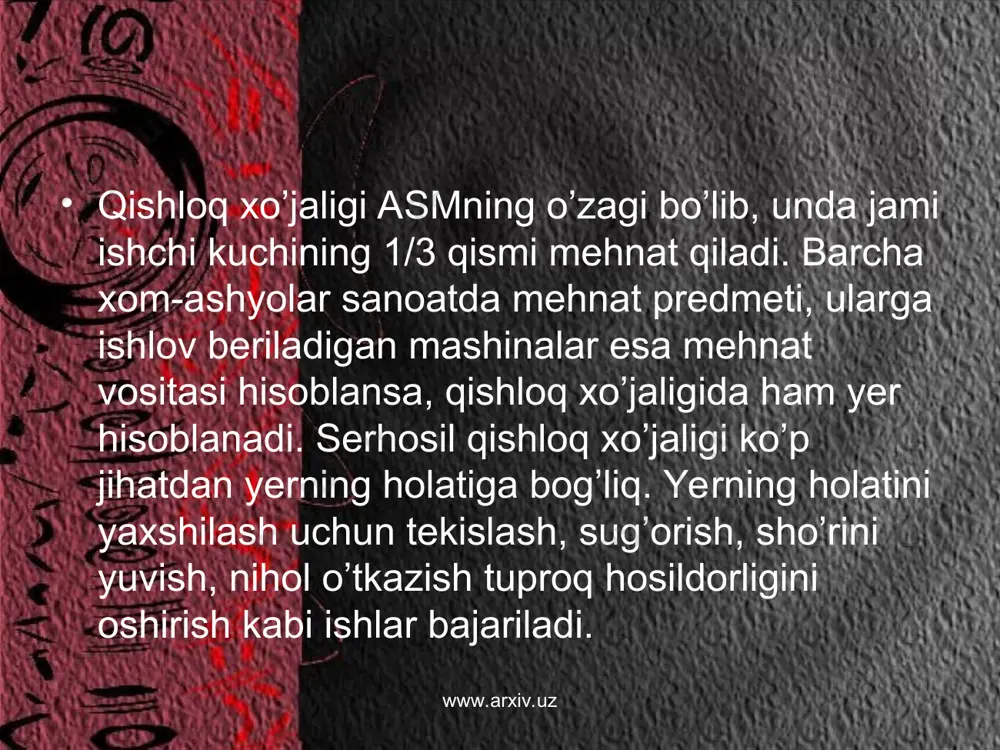 gi bug’doy shimolida ekiladi. bug’doy jahonning 70 ta mamlakatida yetishtiriladi. www.arxiv.uz www.arxiv.uz bug’doy yetishtiriladigan asosiy mamlakatlar xitoy aqsh hindiston rossiya fransiya avstraliya qozog’iston pokiston ukraina kanada www.arxiv.uz www.arxiv.uz makkajo’xori ham don, ham ozuqa sifatida yetishtiriladi. erta pishar o’simlik, 10-12 gradusda o’sa boshlaydi. sovuqqa chidamsiz. sug’orilsa, juda yuqori hosil beradi. jahonda yetishtiriladigan donli ekinlarning 25% ini tashkil qiladi. www.arxiv.uz www.arxiv.uz makkajo’xori mavjud davlatlar eksport qiladigan davlatlar kanada aqsh argentina avstraliya fransiya rossiya yaponiya g’arbiy yevropa davlatlari import qiladigan davlatlar www.arxiv.uz www.arxiv.uz qishloq xo’jaligi mahsulotlarini yetishtirish va tayyorlash texnologiyasida tubdan o’zgarishlar ro’y berdi qishloq xo’jaligi ekstensiv intensiv www.arxiv.uz www.arxiv.uz qishloq xo’jaligining rivojlanishiga va ixtisoslashuviga iqlim xususiyati katta ta’sir ko’rsatadi. shuning uchun ham qishloq xo’jaligi tabiat zonalari bo’yicha rivojlanib boradi. tabiiy resurslar juda xilma-xil. uning ahamiyati ham xalq xo’jaligida turlicha. www.arxiv.uz www.arxiv.uz tabiiy resurslar tugaydigan tugamaydigan tiklanadigan www.arxiv.uz www.arxiv.uz tabiiy resurslarga eng boy mamlakatlar aqsh rossiya kanada xitoy www.arxiv.uz www.arxiv.uz texnik ekinlar paxtachilik …